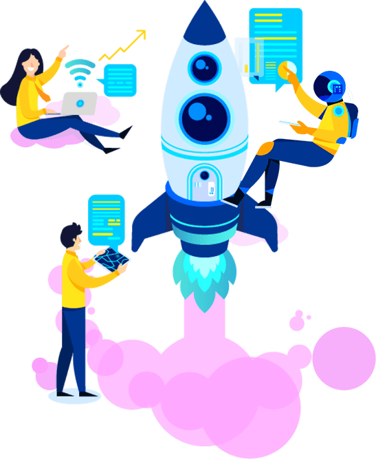 Image of happy people on computers