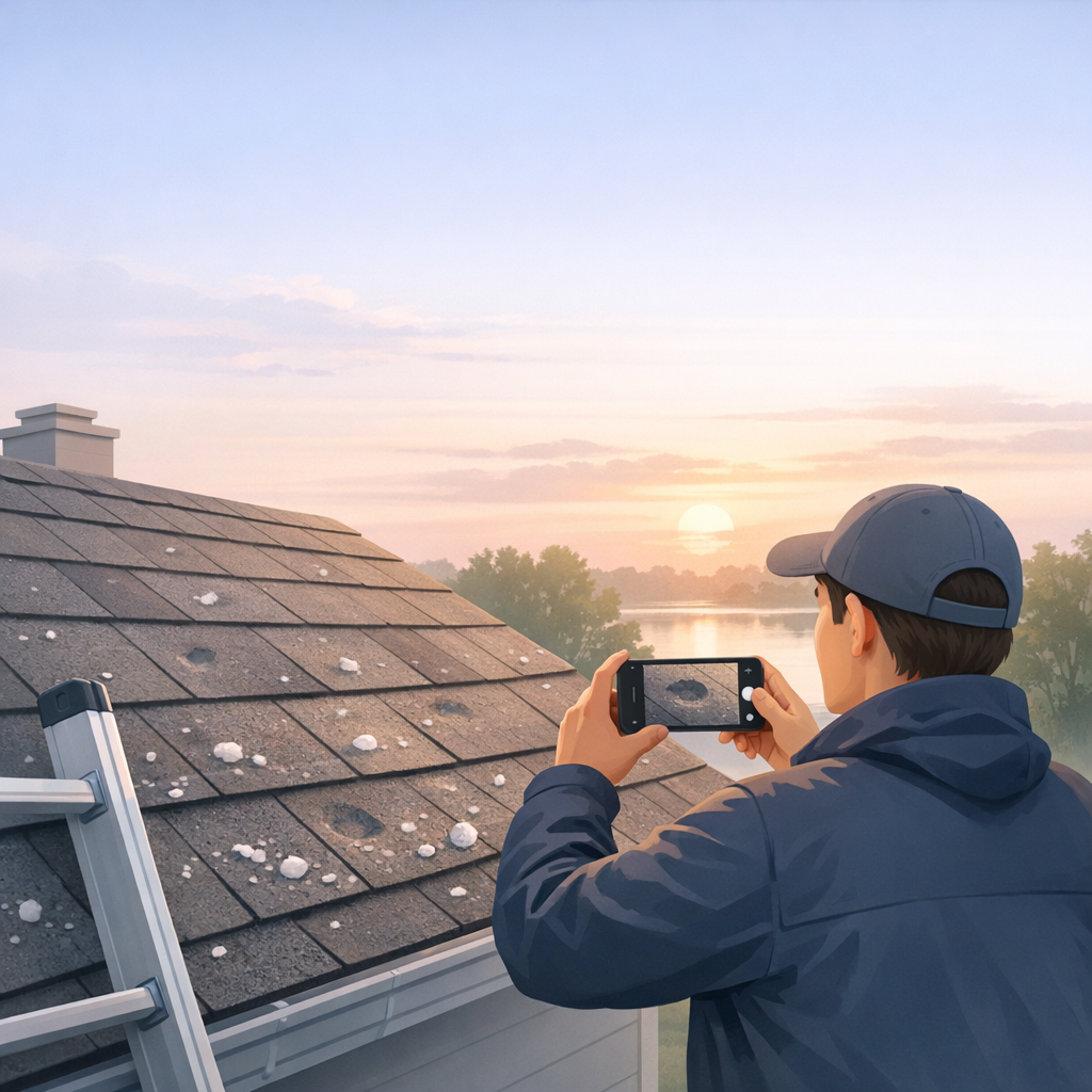 Minnesota homeowner carefully documenting hail damage on roof after storm sunrise.