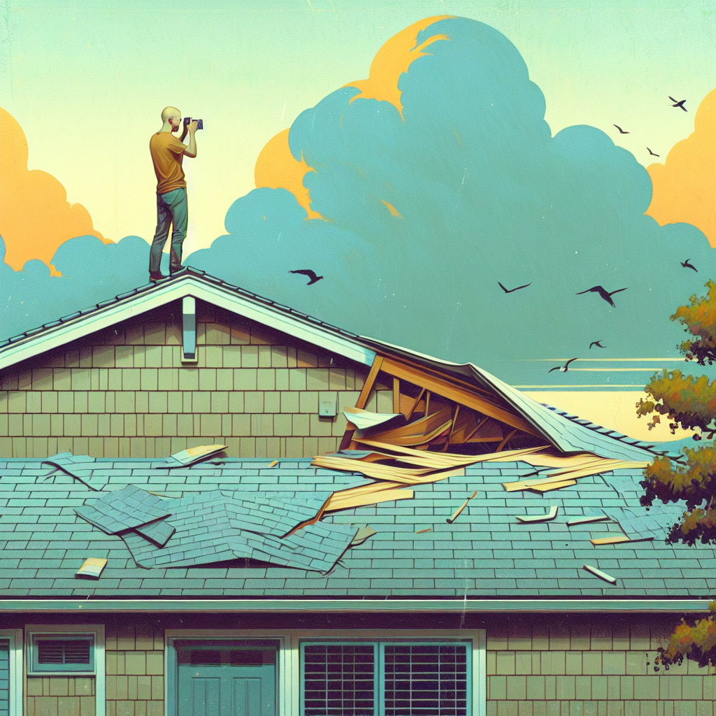 Arizona homeowner documenting roof hail damage with camera after storm under clear sky.