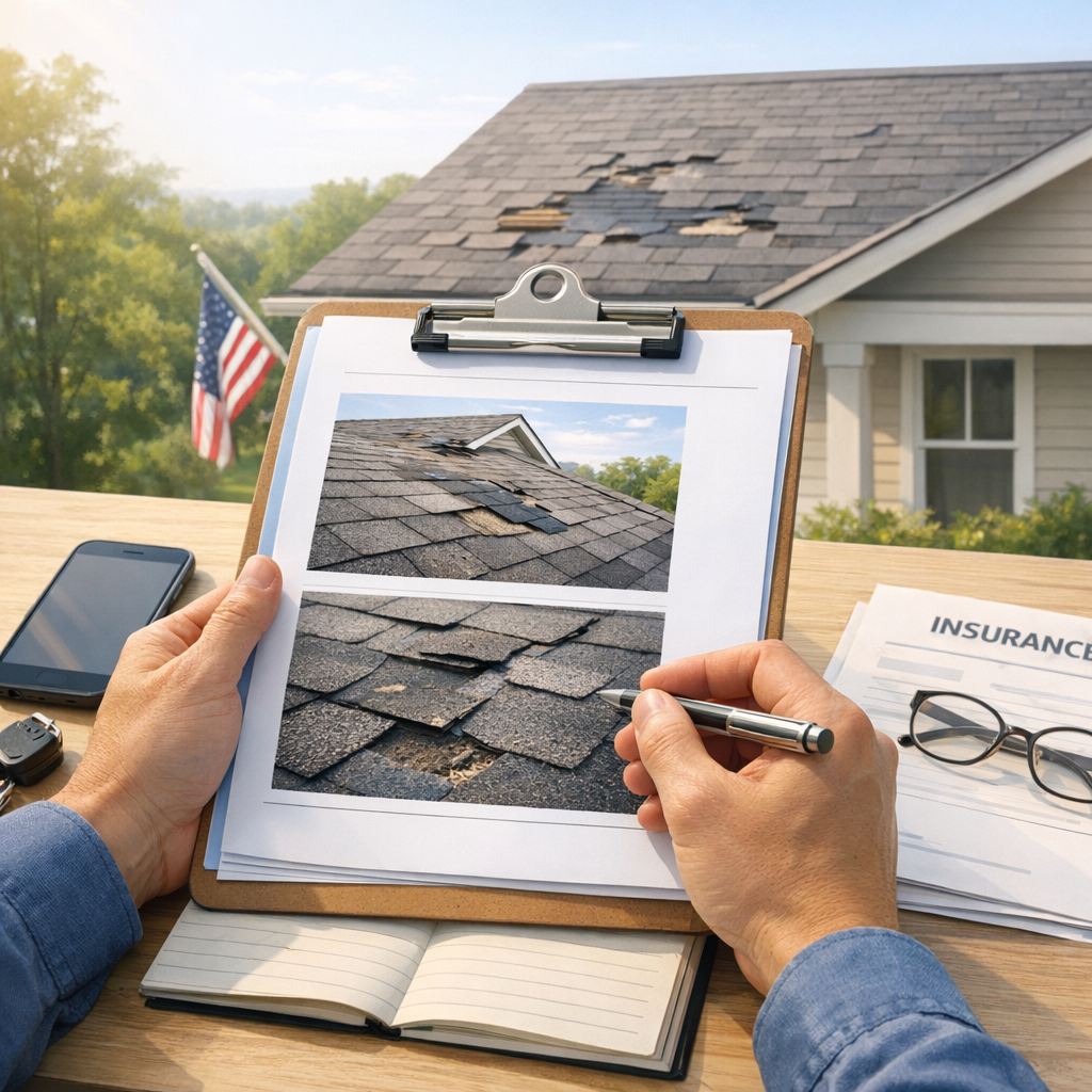 Georgia homeowner reviewing roof damage photos calmly after windstorm