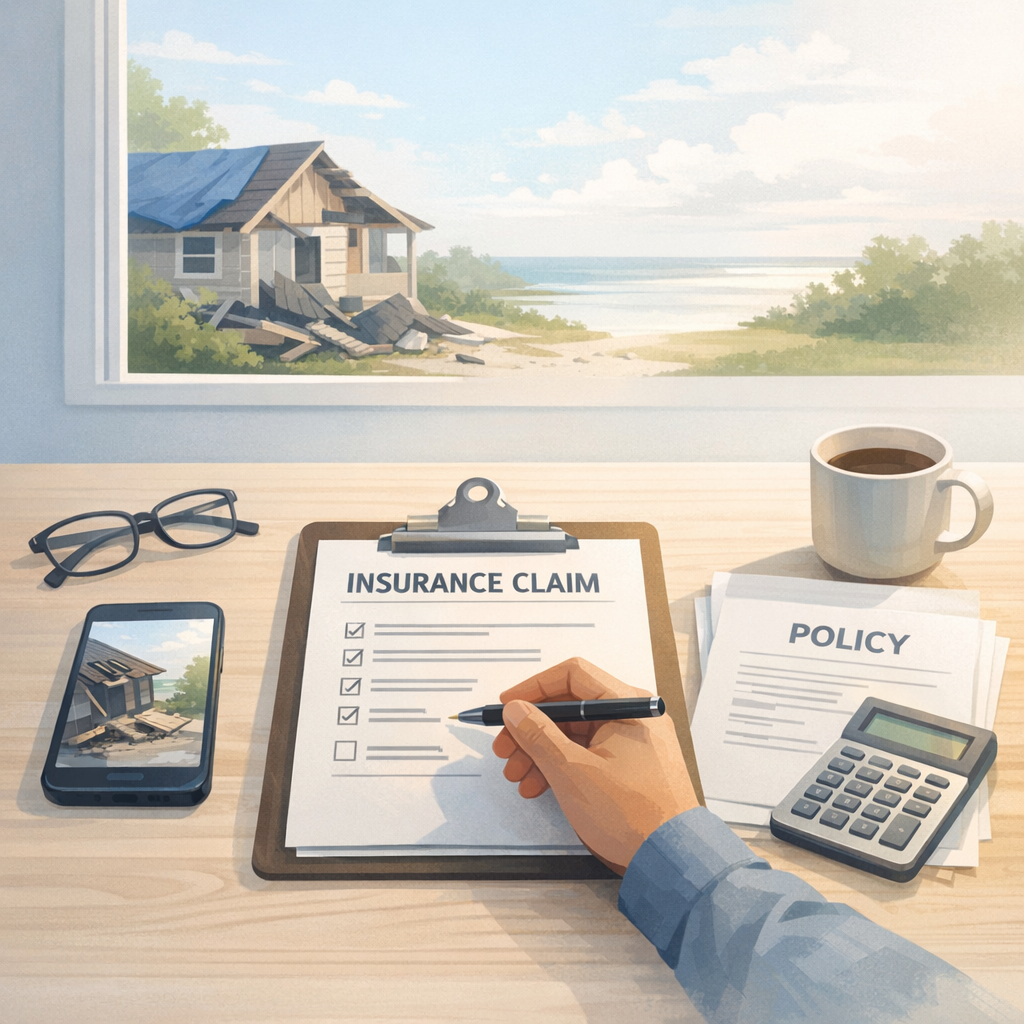 Louisiana homeowner carefully documenting roof damage for an insurance claim after a hurricane.