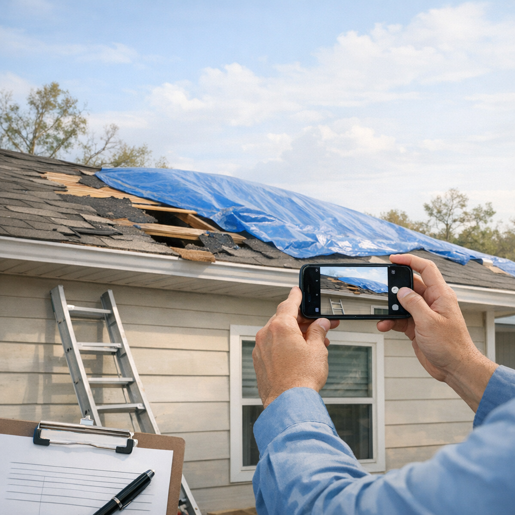 Homeowner taking photos of roof damage after hurricane