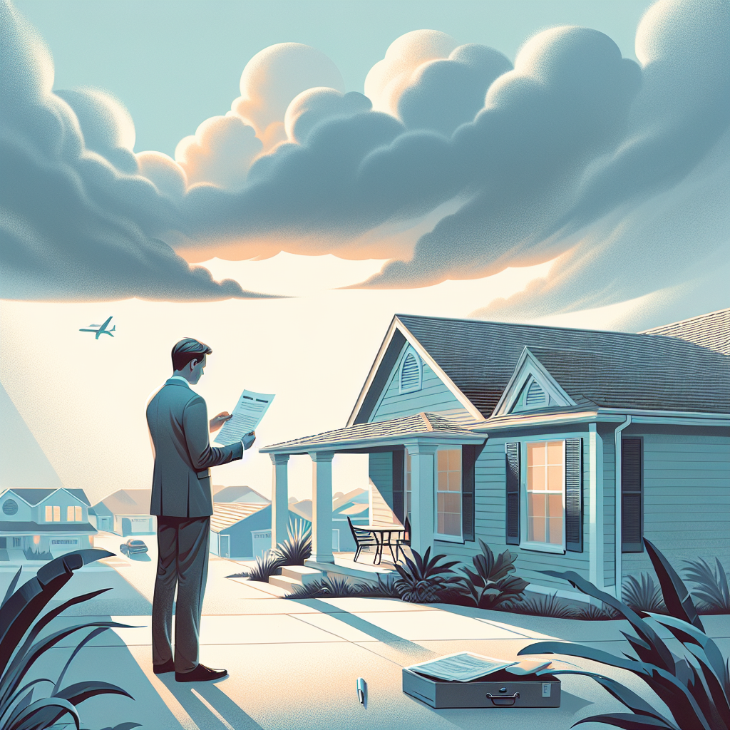 Florida homeowner reviewing roof inspection report after hailstorm with sunlight breaking through clouds.