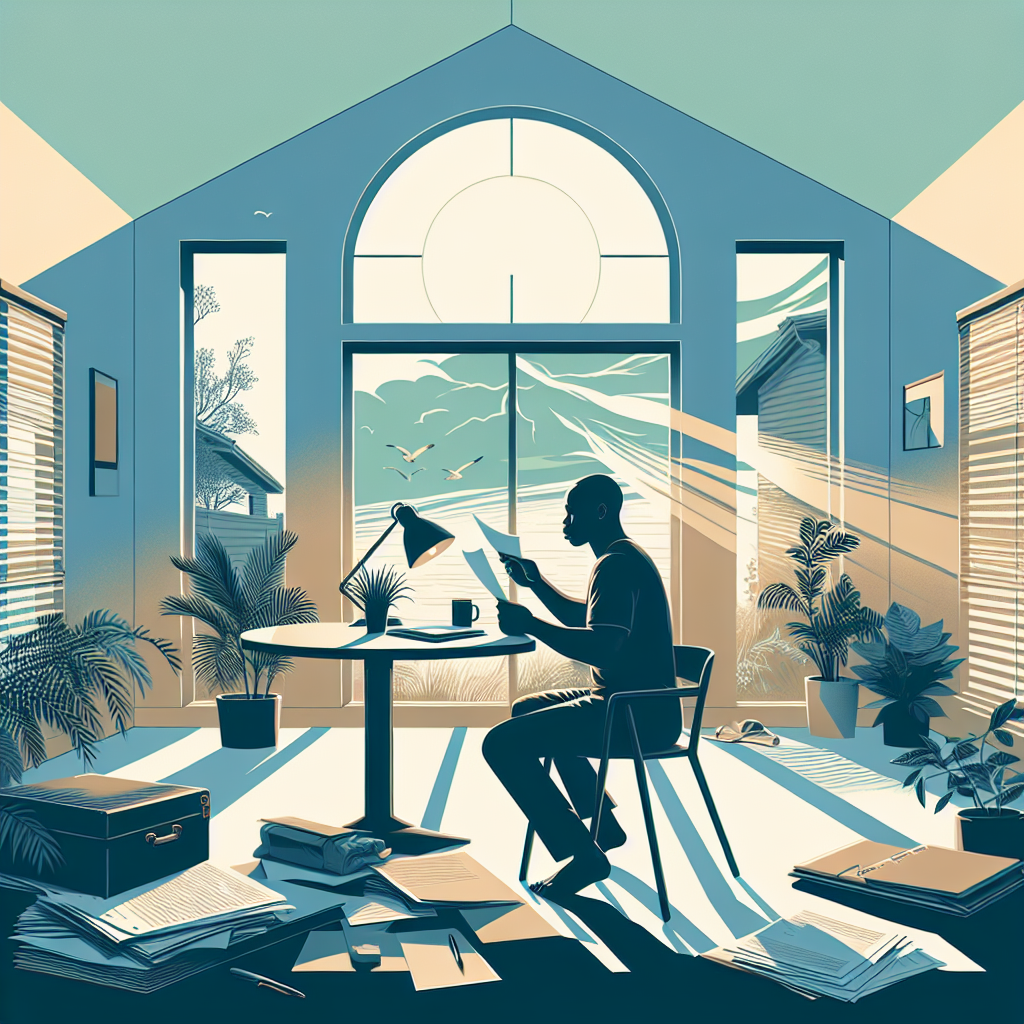 California homeowner reviewing storm insurance documents calmly after hurricane damage.