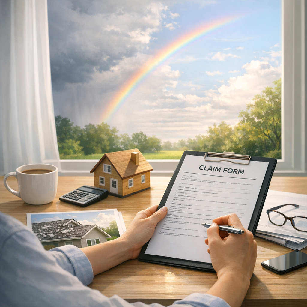 Minnesota homeowner calmly reviewing hail damage insurance paperwork after a storm, symbolizing informed action.