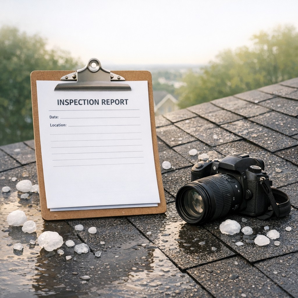 Camera and clipboard resting near hail-damaged shingles symbolizing organized evidence gathering.