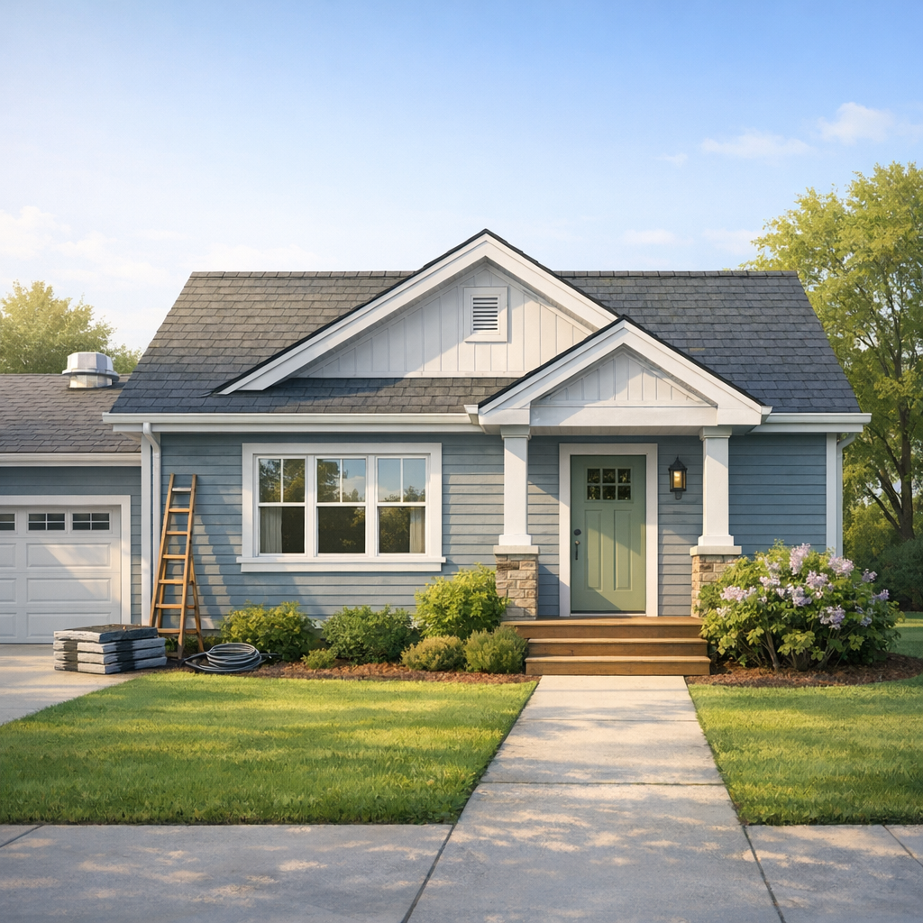Restored Minnesota home under calm skies after storm repairs