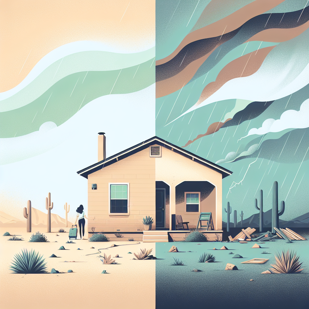 Arizona homeowner documenting storm damage with a camera and notepad in soft morning light.