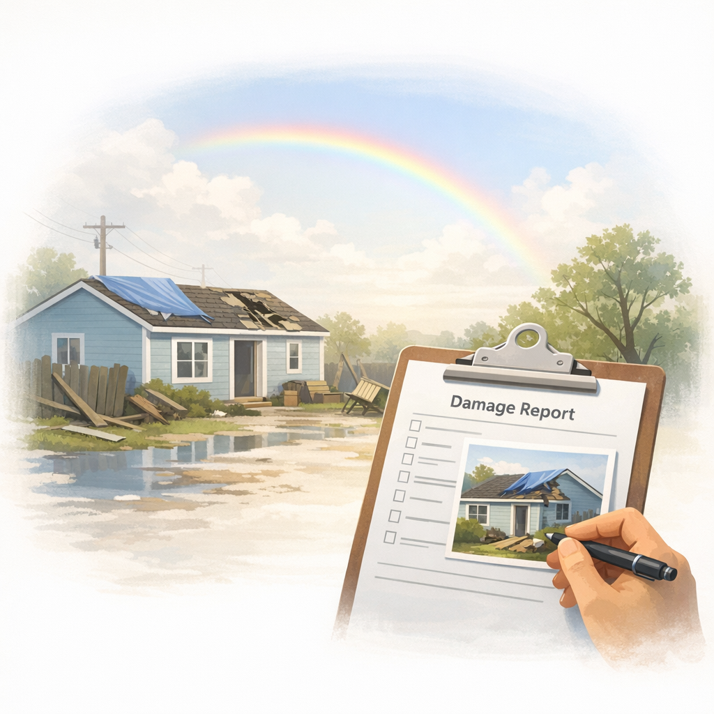 Louisiana homeowner calmly documenting storm damage for insurance claim paperwork.