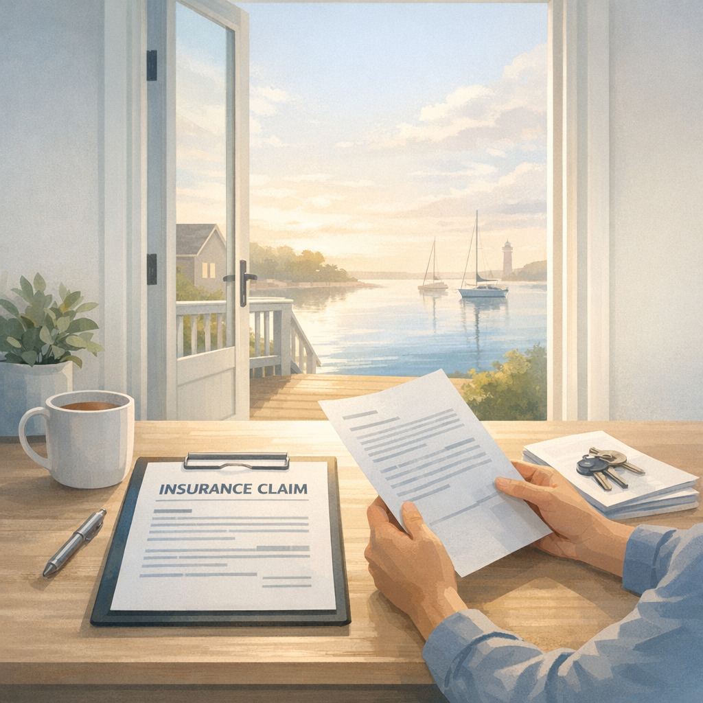 Louisiana homeowner reviewing hurricane claim documents with calm focus.