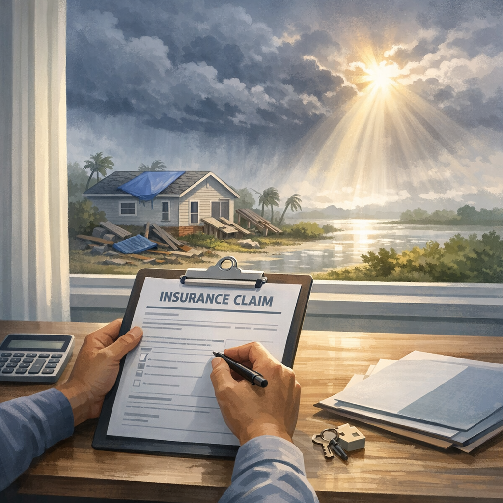 Louisiana homeowner reviewing hurricane insurance claim documents with calm focus.