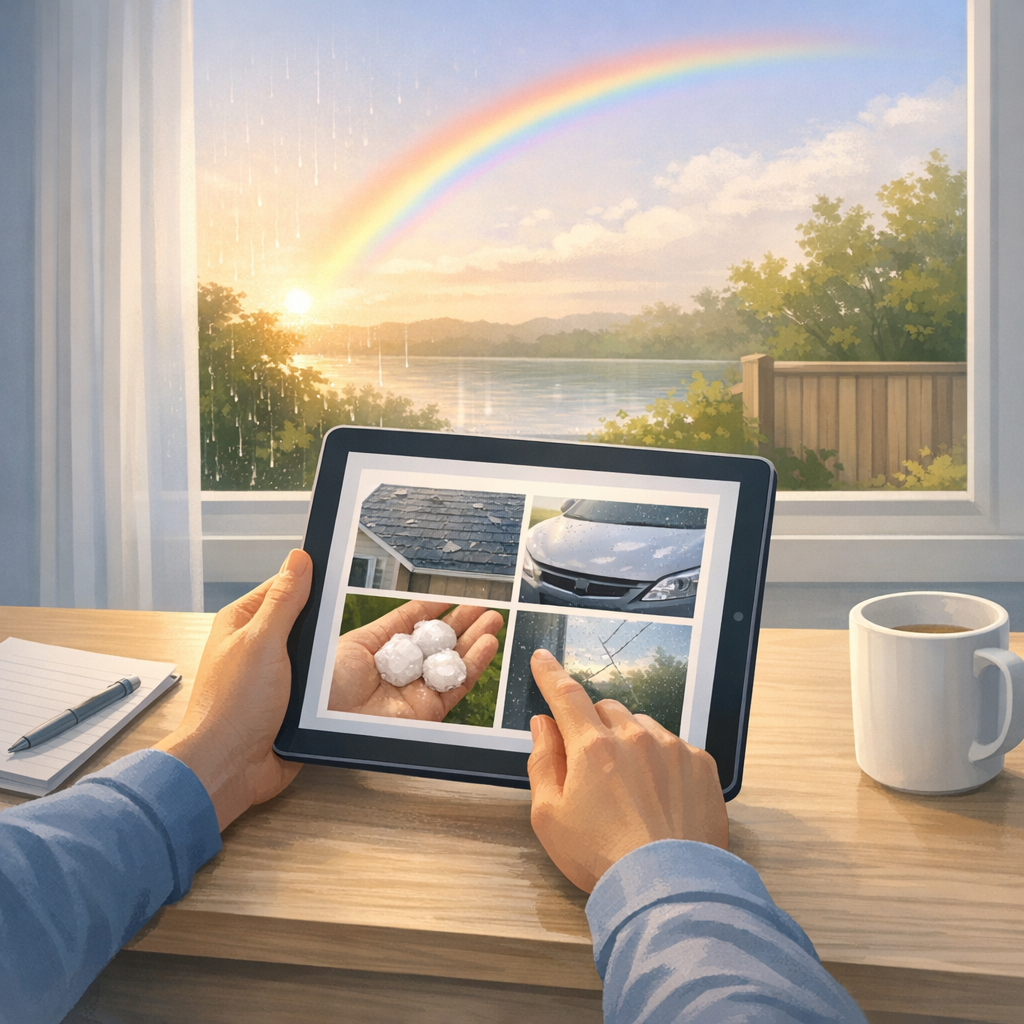 Minnesota homeowner organizing hail damage evidence to support an insurance claim.
