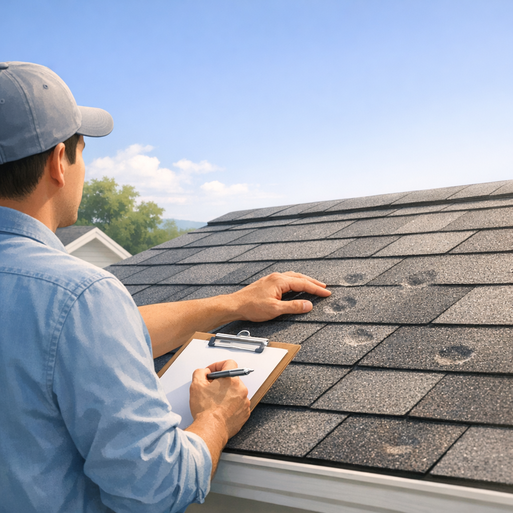 Minnesota homeowner documenting hail damage on roof for insurance claim