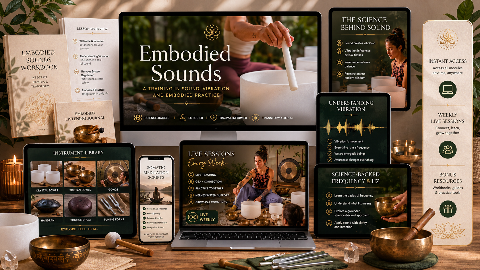Everything included in Embodied Sounds — workbook, instrument library, live sessions, and the science behind sound