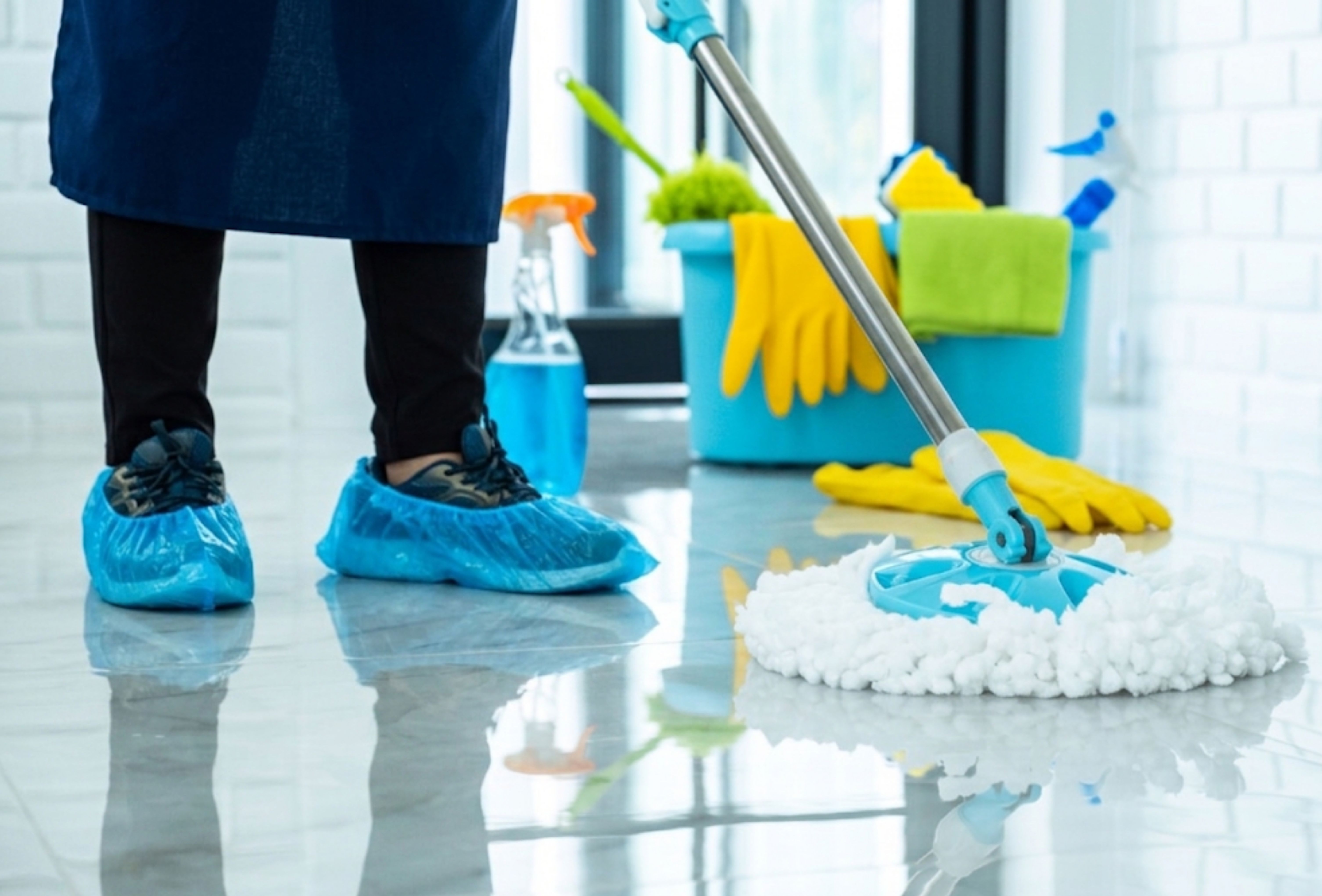 A professional cleaner mopping a glossy tile floor, demonstrating the quality of a cleaning service near me. A professional cleaner mopping a glossy tile floor, demonstrating the quality of a cleaning service near me.