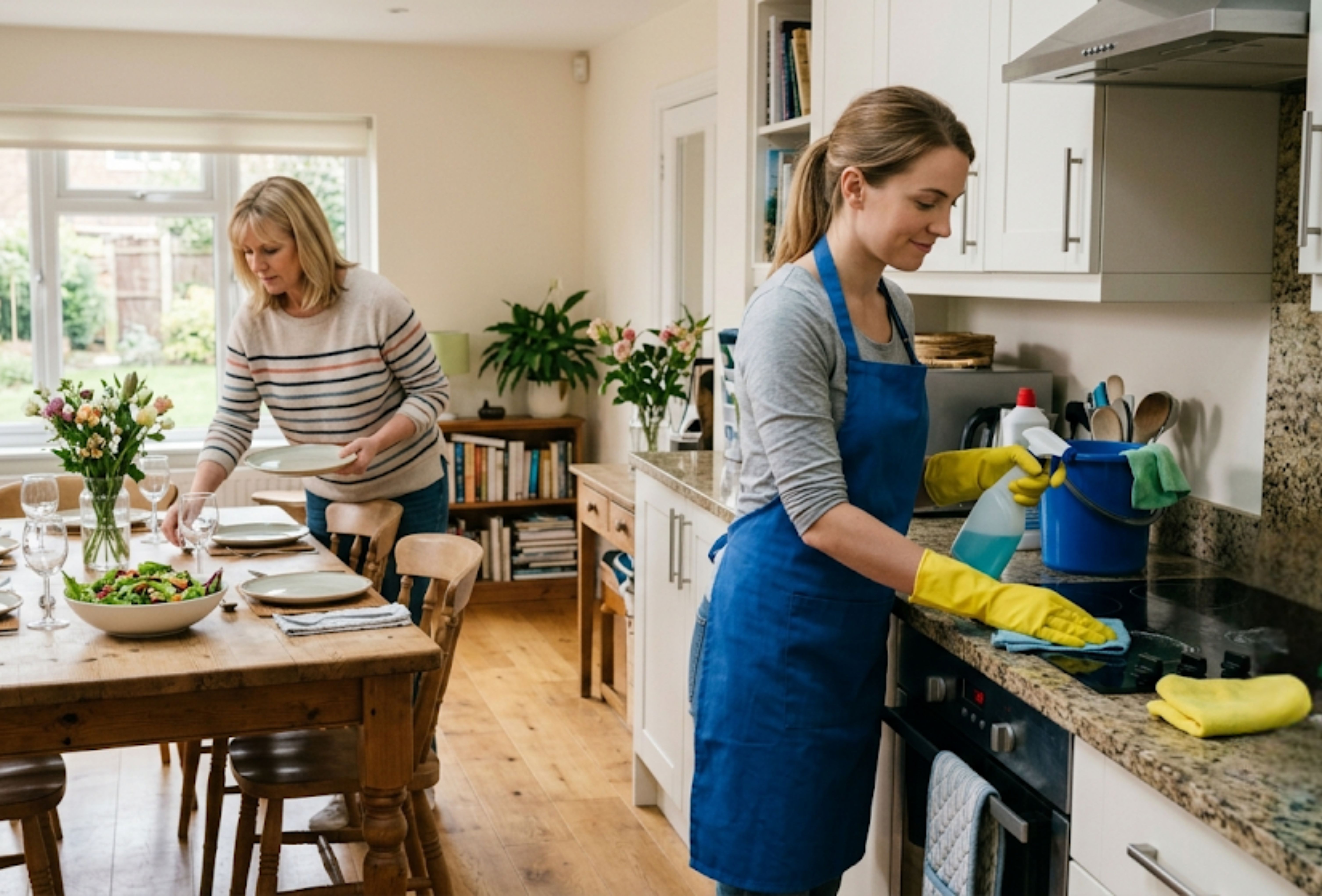 A professional cleaner handling household work for an event cleaning service while the host prepares. A professional cleaner handling household work for an event cleaning service while the host prepares.