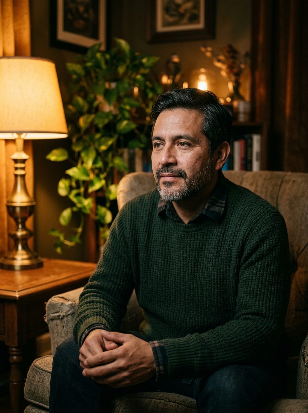 A queer man sitting in quiet reflection
