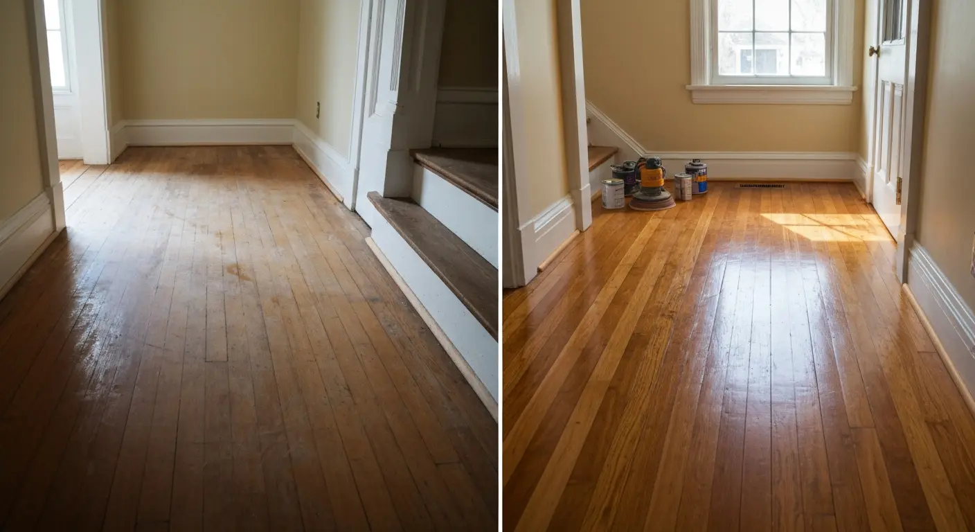 Hardwood refinishing before and after