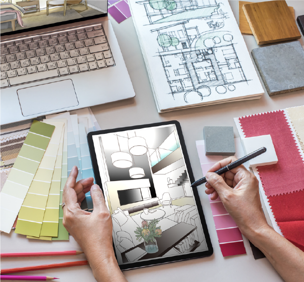 Interior designer reviewing floor plans, material samples, and a room design on a tablet.