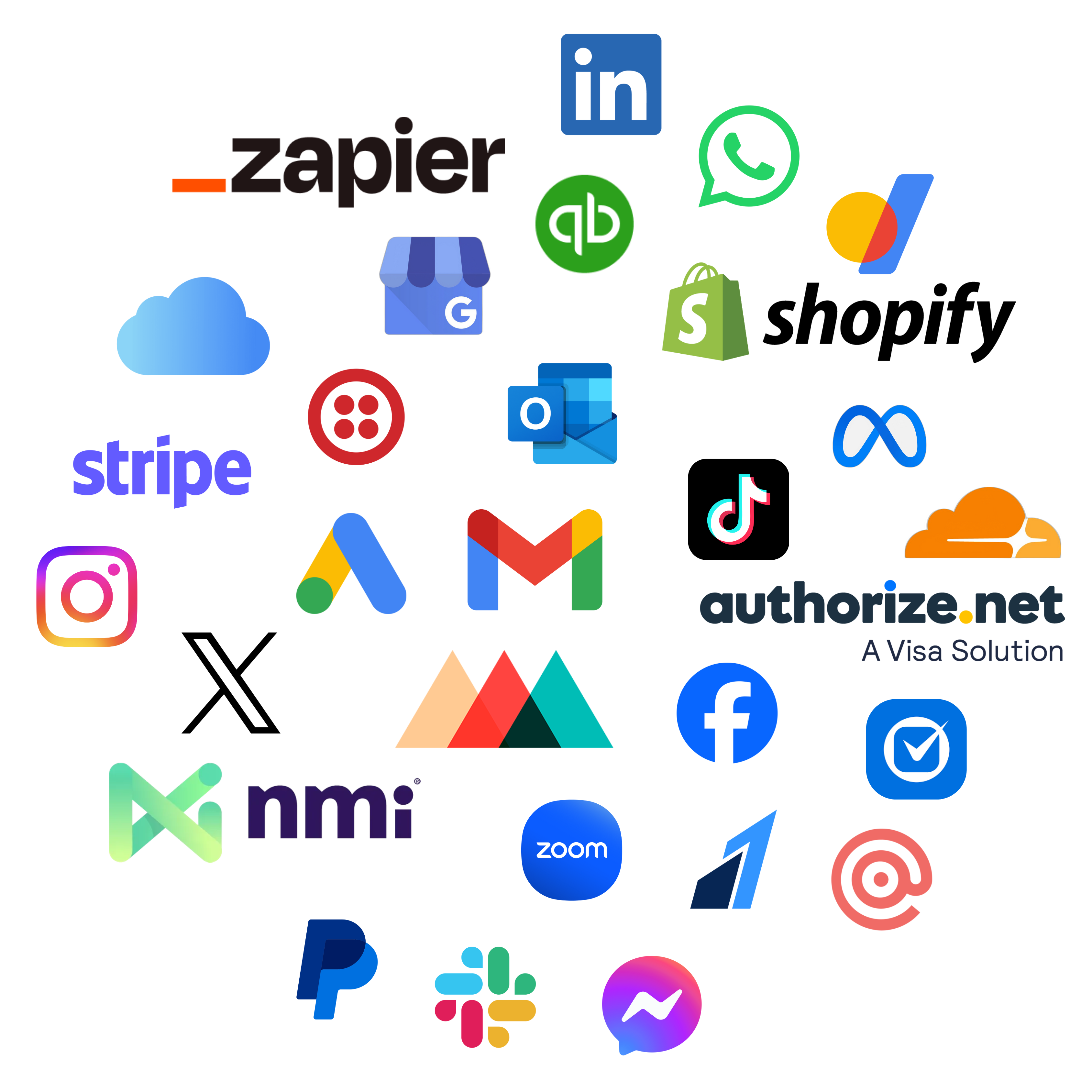 Collage of logos of leading apps including Zapier, LinkedIn, WhatsApp, iCloud, Google my Business, Quickbooks, Shopify, Google Domains, Stripe, Twilio, Outlook, Meta, Instagram, Google Ads, Gmail, TikTok, CloudFlare, Authorize.net, X.com, Printful, Facebook, Clio, NMI, Zoom, RazorPay, Mailgun, PayPal, Slack and Messenger