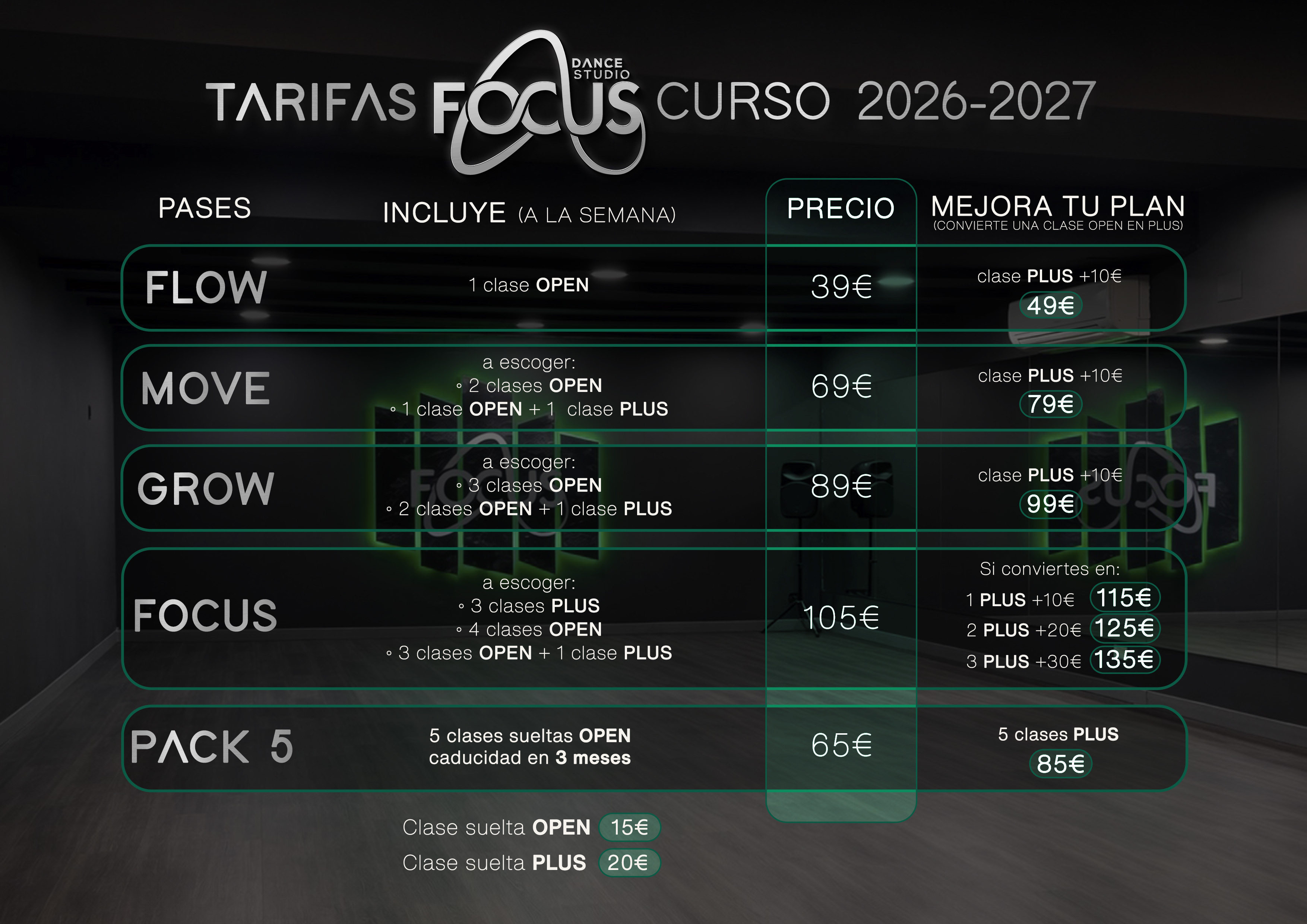 Tarifas y precios Focus Dance Studio Barcelona