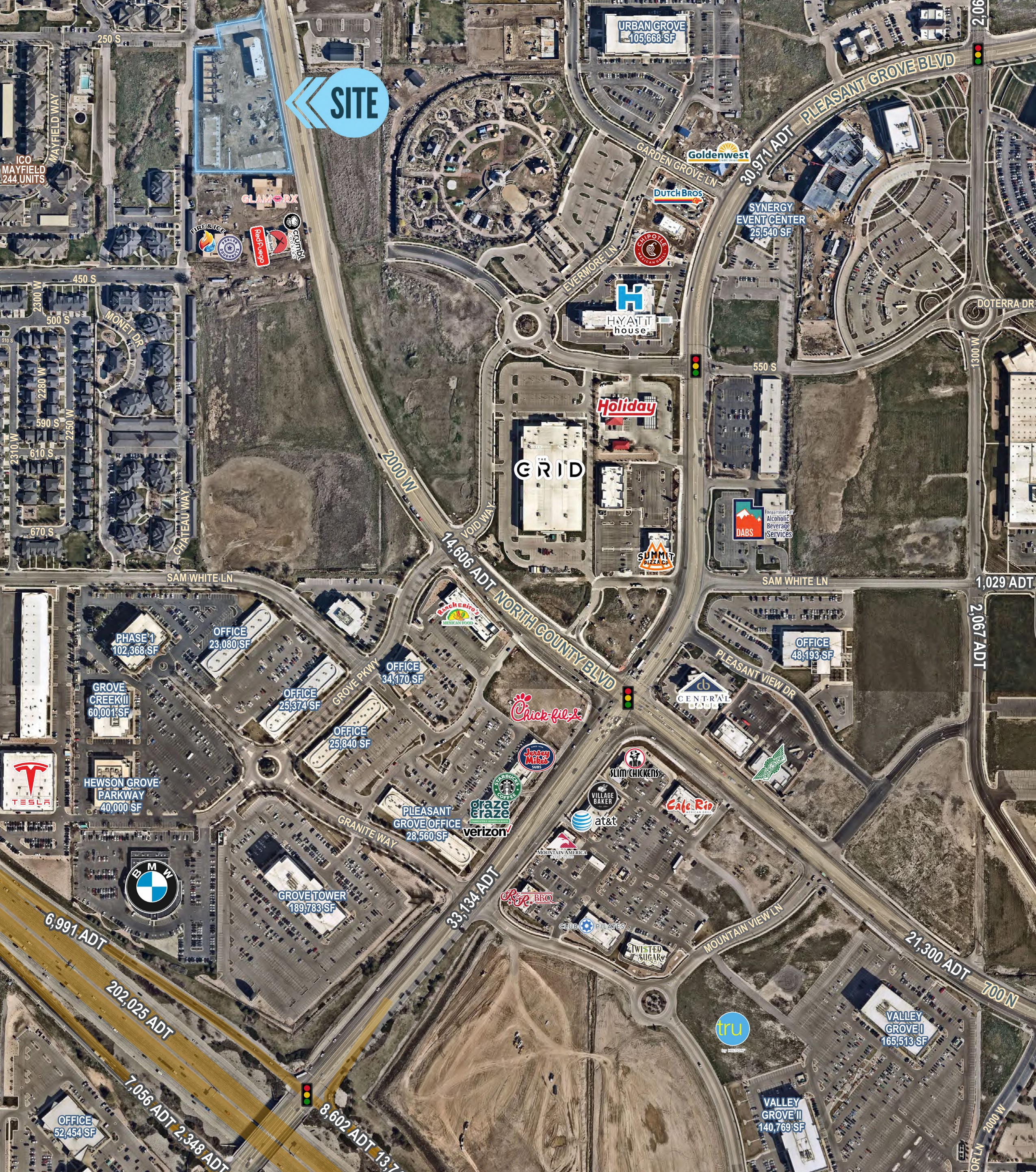 Area map of Grove Cove with nearby businesses and traffic counts