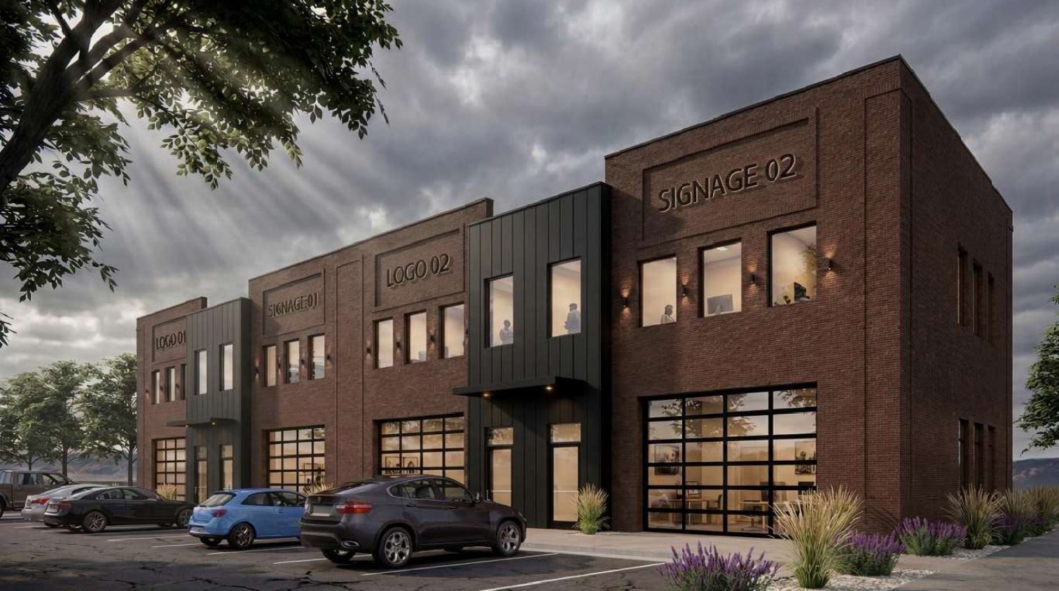 Rendering of the Santaquin flex condo building at dusk