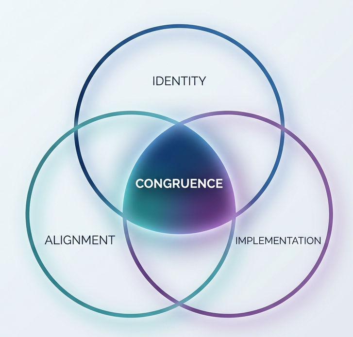 Mission-Fit Framework showing intersection of identity, alignment, and implementation leading to congruence