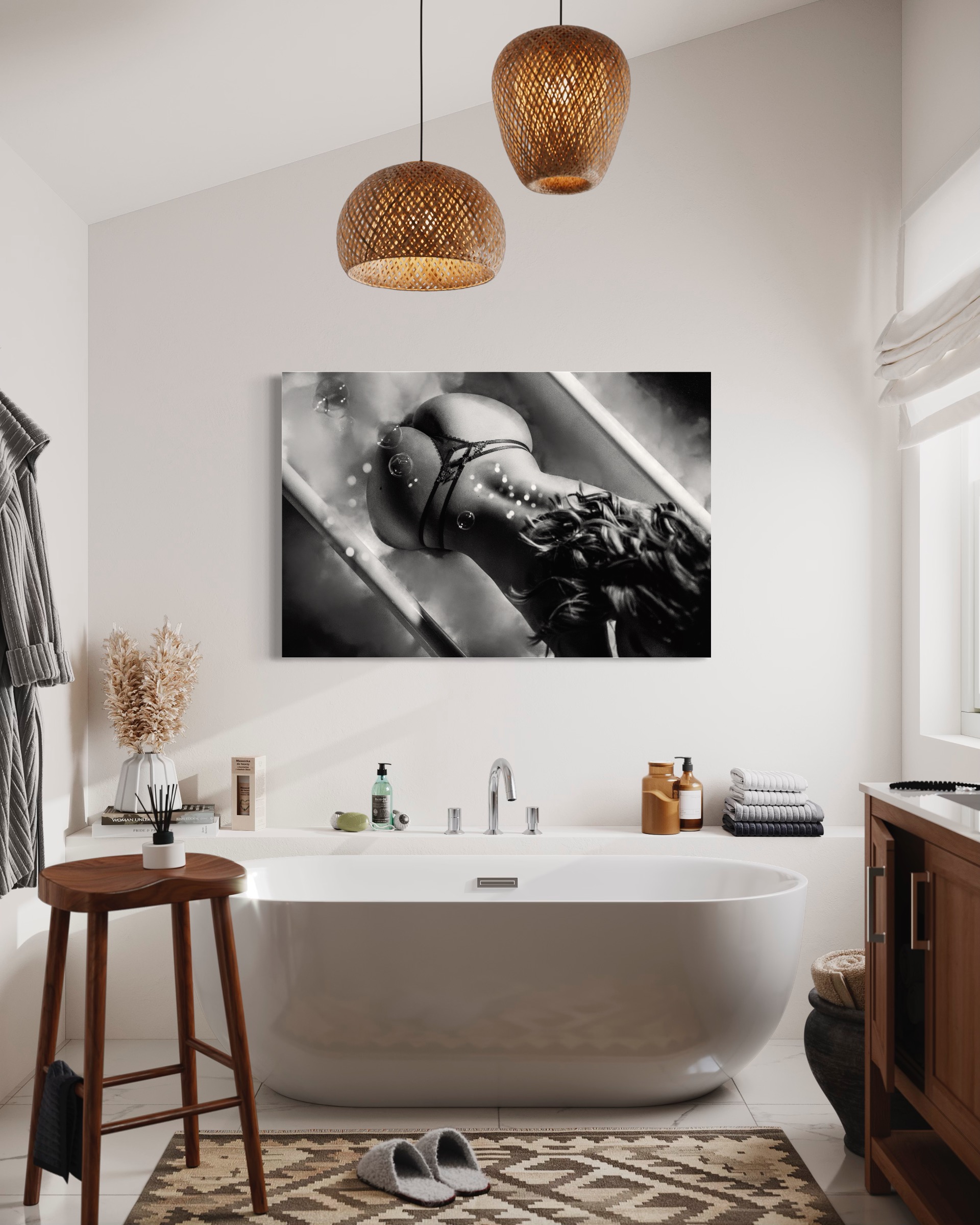 photo of bathroom with boudoir photo on wall