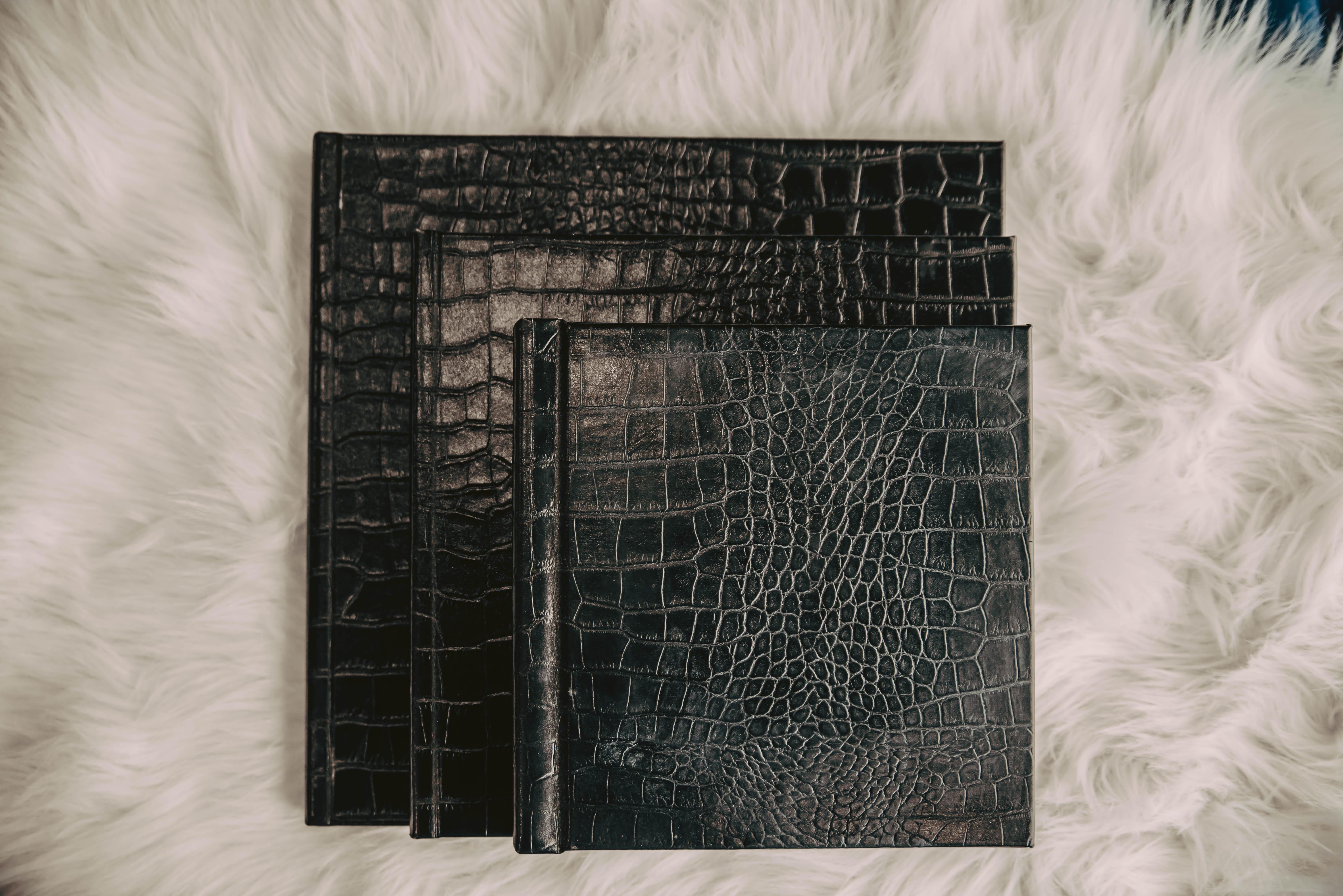 black, leather photo albums