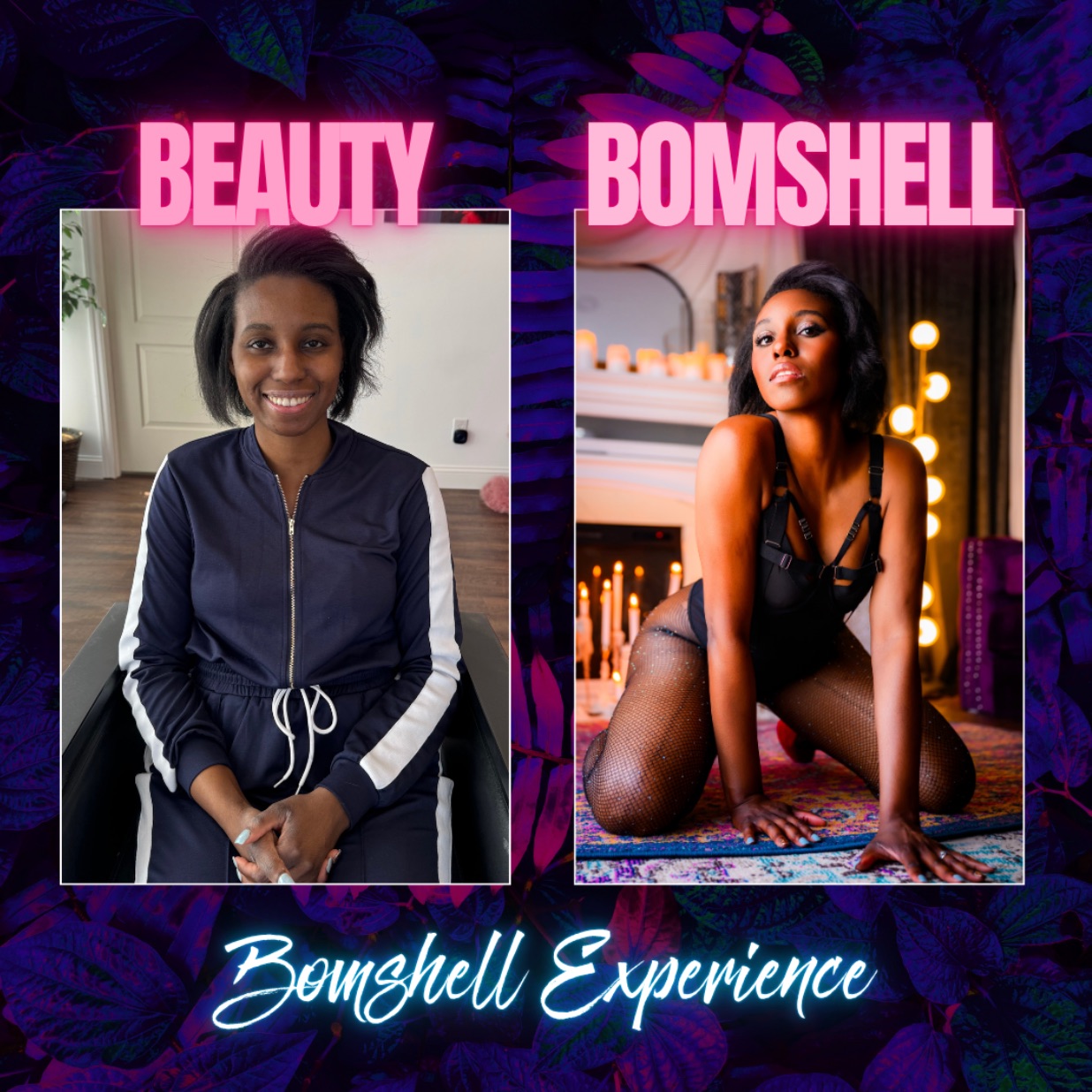Boudoir before and after makeover showing woman’s transformation from casual to glamorous photoshoot, Bomshell Experience branding