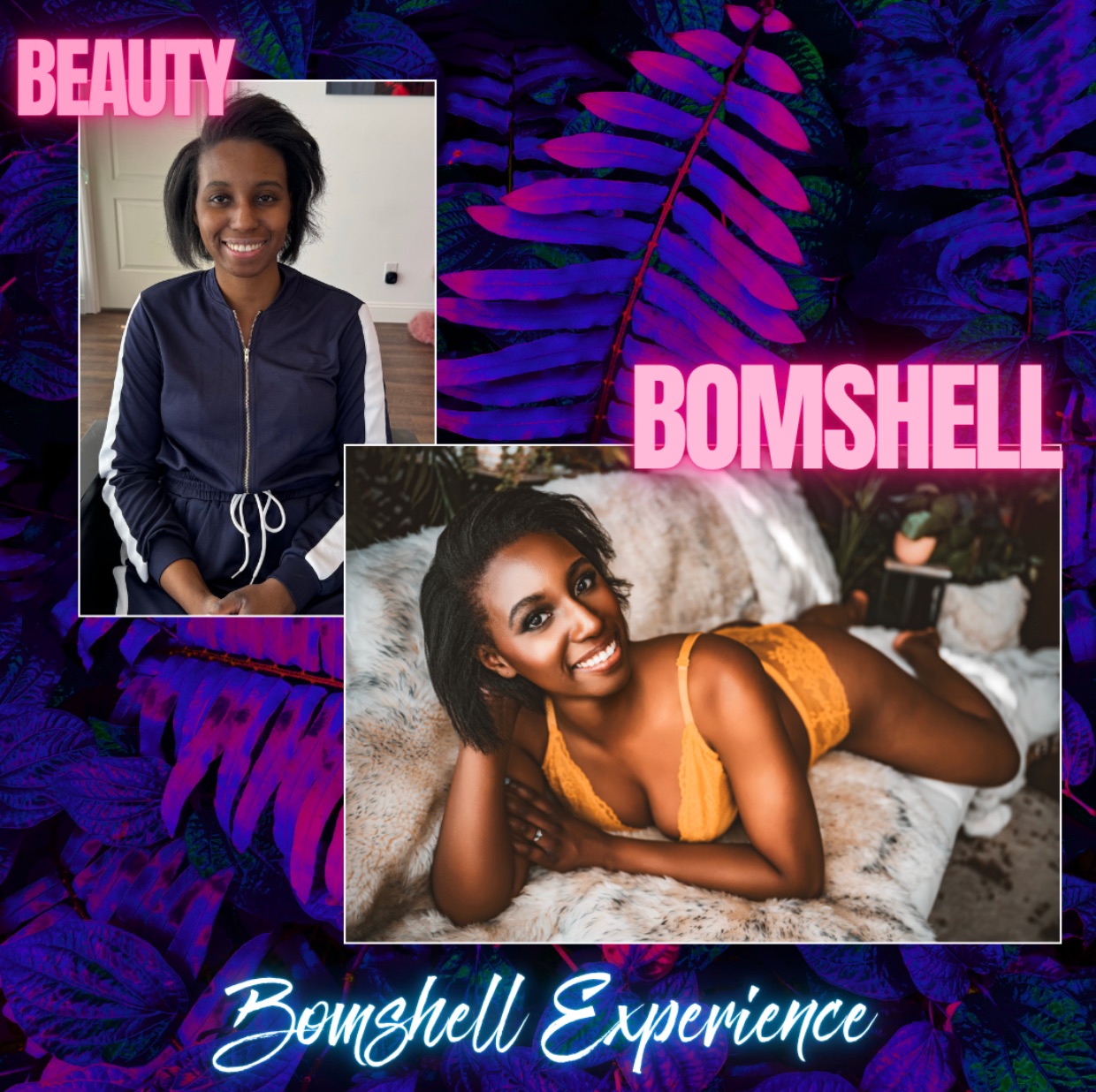 Before and after boudoir transformation of woman, natural look versus glam boudoir photoshoot in yellow lingerie, Bomshell Experience