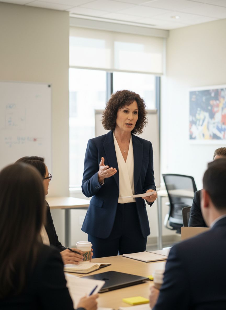 Barbara England coaching a professional team in an office setting.