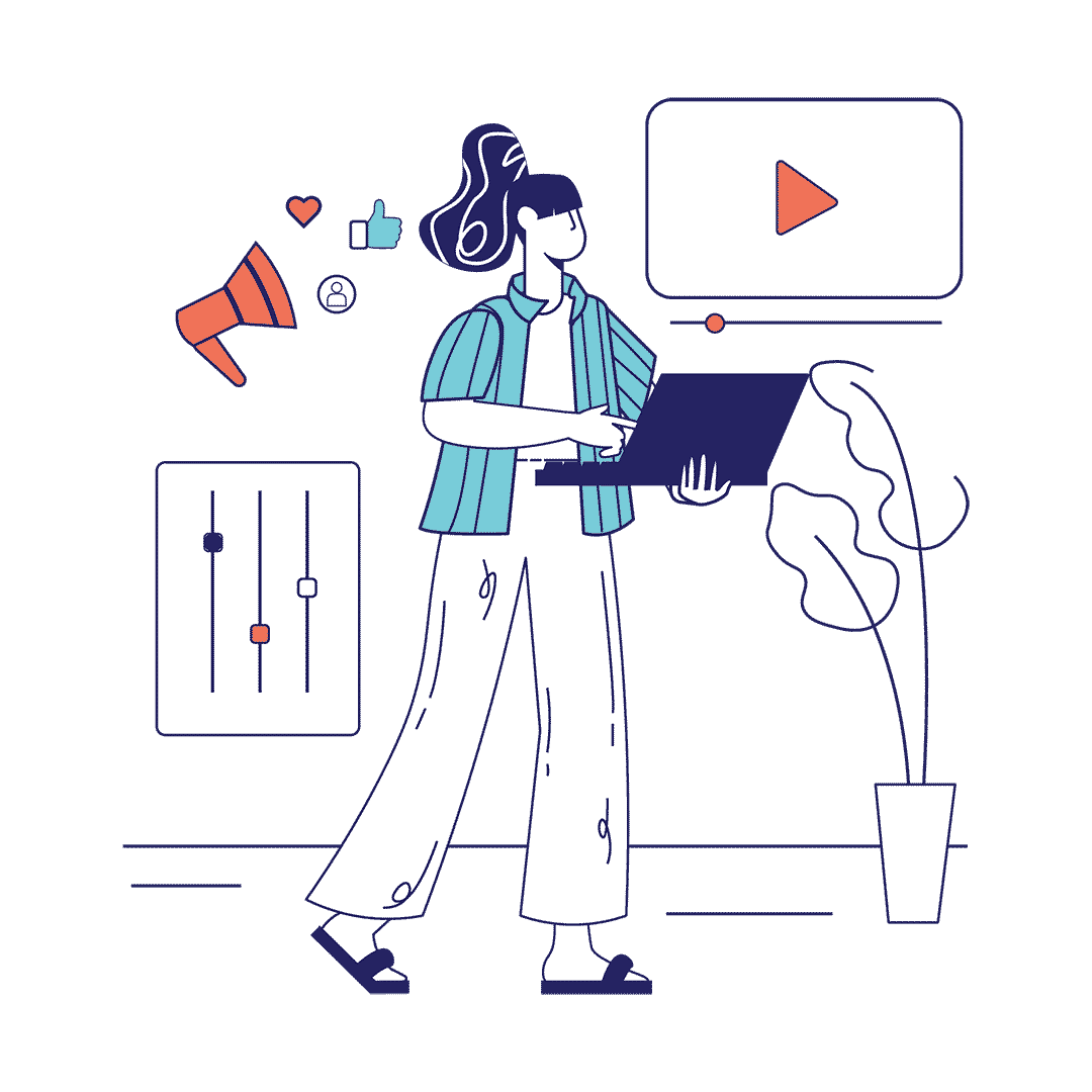 Illustration of a woman watching onboarding videos on her laptop, surrounded by icons for video playback, engagement, and media controls, suggesting a smooth and successful user experience.