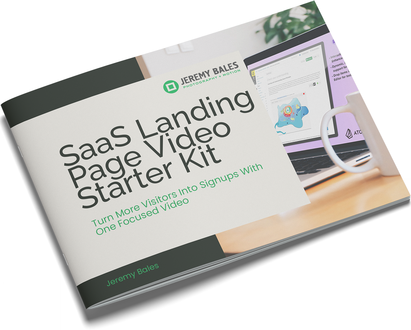 Cover of a booklet titled "SaaS Landing Page Video Starter Kit" featuring an image of a laptop displaying a SaaS product video next to a white coffee mug on a desk.
