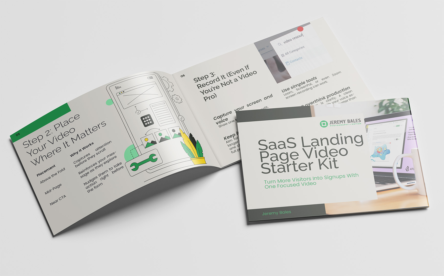 Open booklet showing interior pages of the SaaS Landing Page Video Starter Kit, featuring step-by-step video placement and recording tips with supporting illustrations.