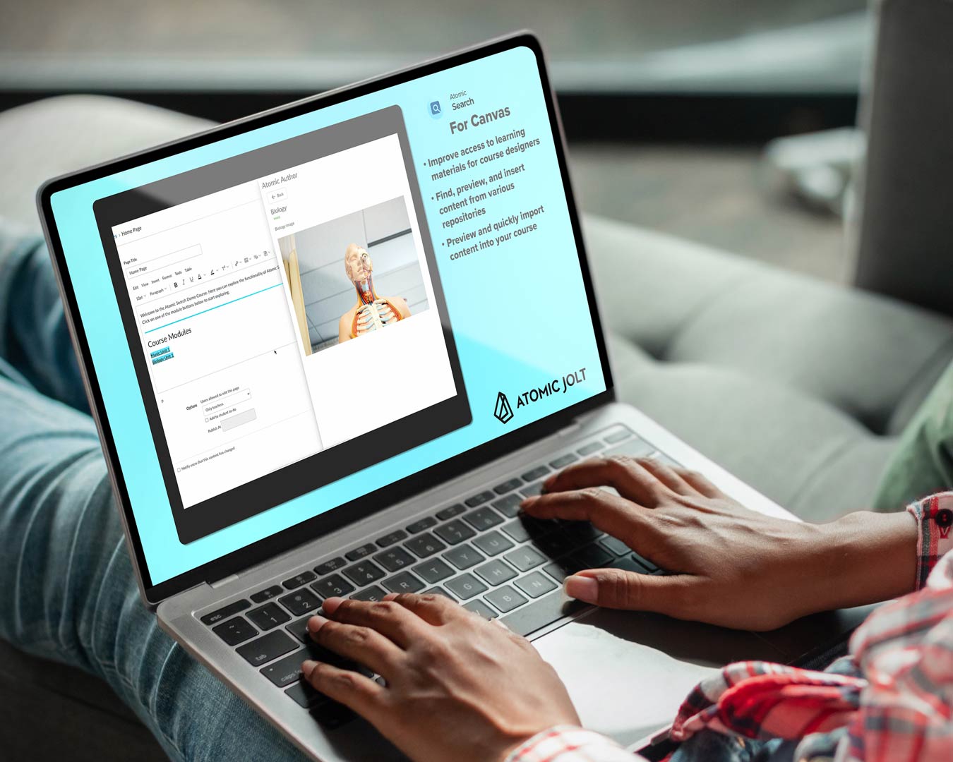 A laptop sits open on a student's lap with a product demo video of a learning platform displayed on the screen. The explainer video is clean and branded company logo and bullet points alongside platform screen capture. 