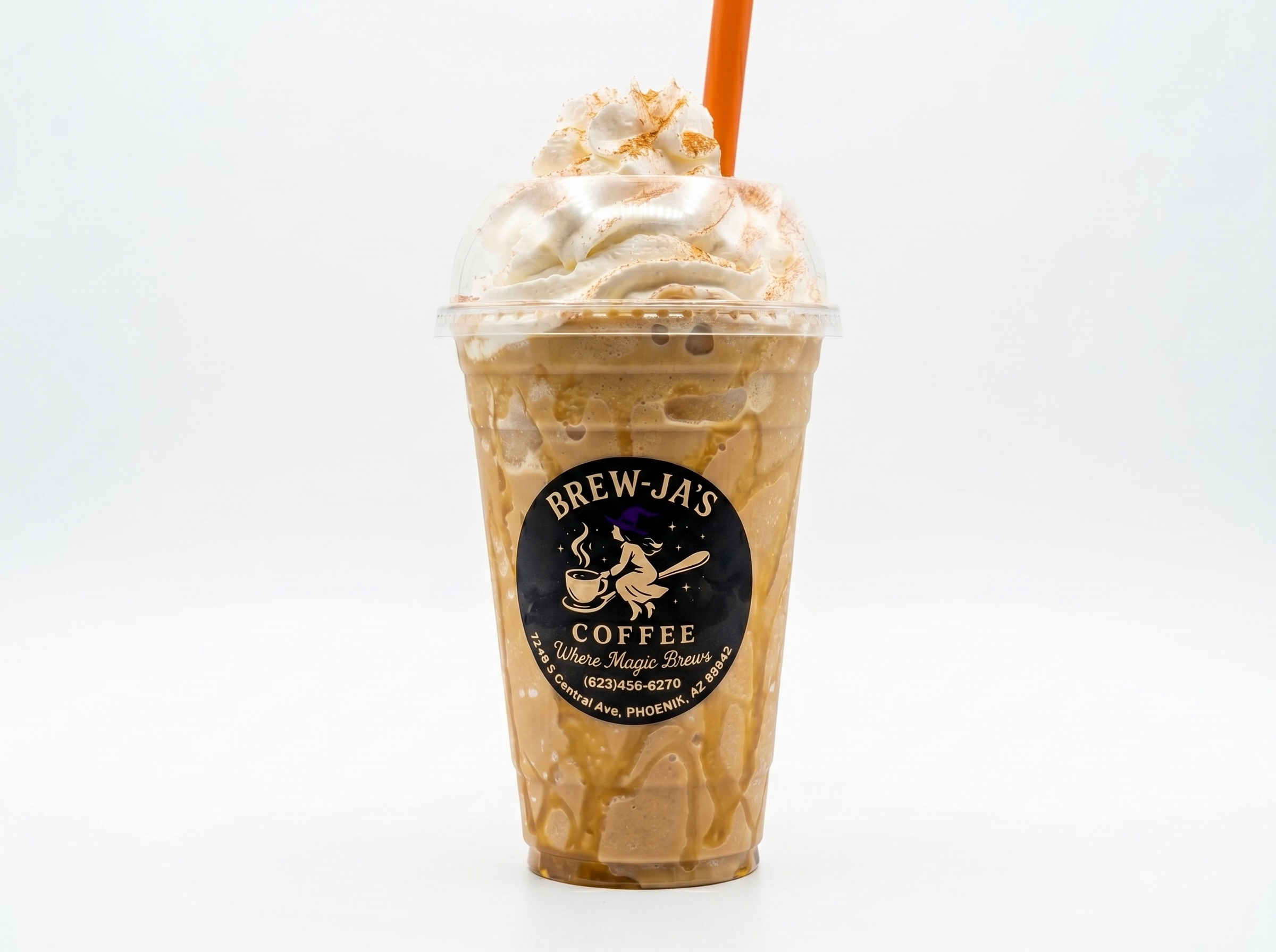 Chocoflan Frappuccino — caramel frappe with whipped cream and orange straw