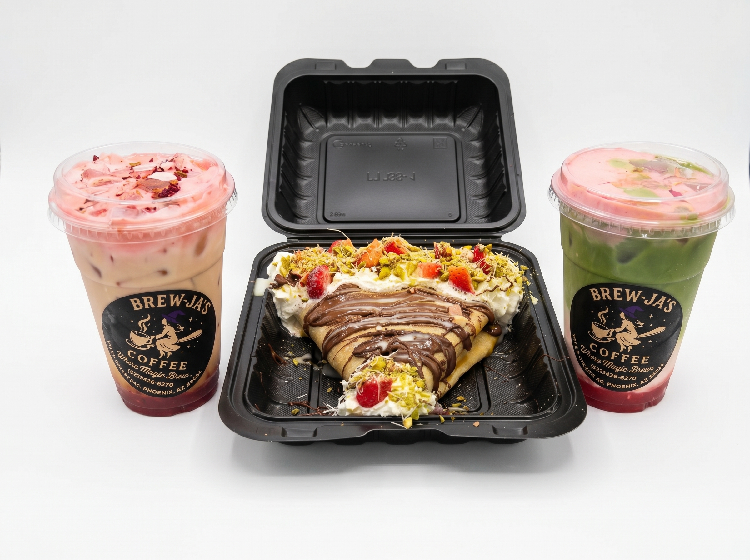 Combo hero shot: Dubai Dreams Crepe, Rose Quartz Latte, and Third Eye Matcha on black background