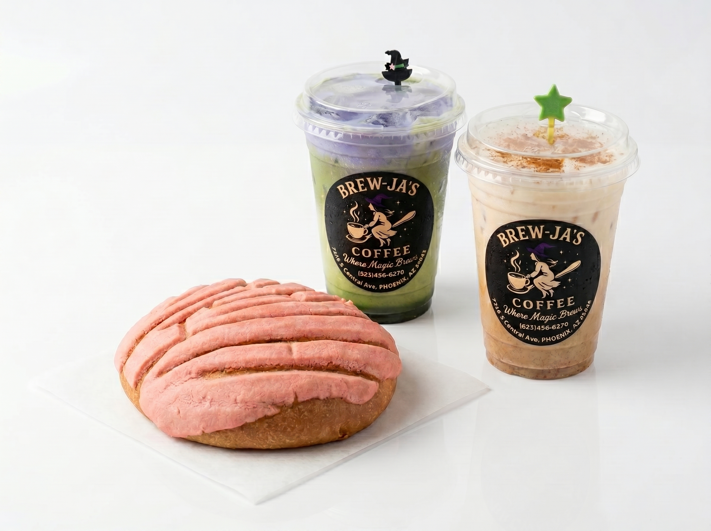 Drink trio — Clarity Matcha with witch hat pick, Horchata with star pick, and pink Concha