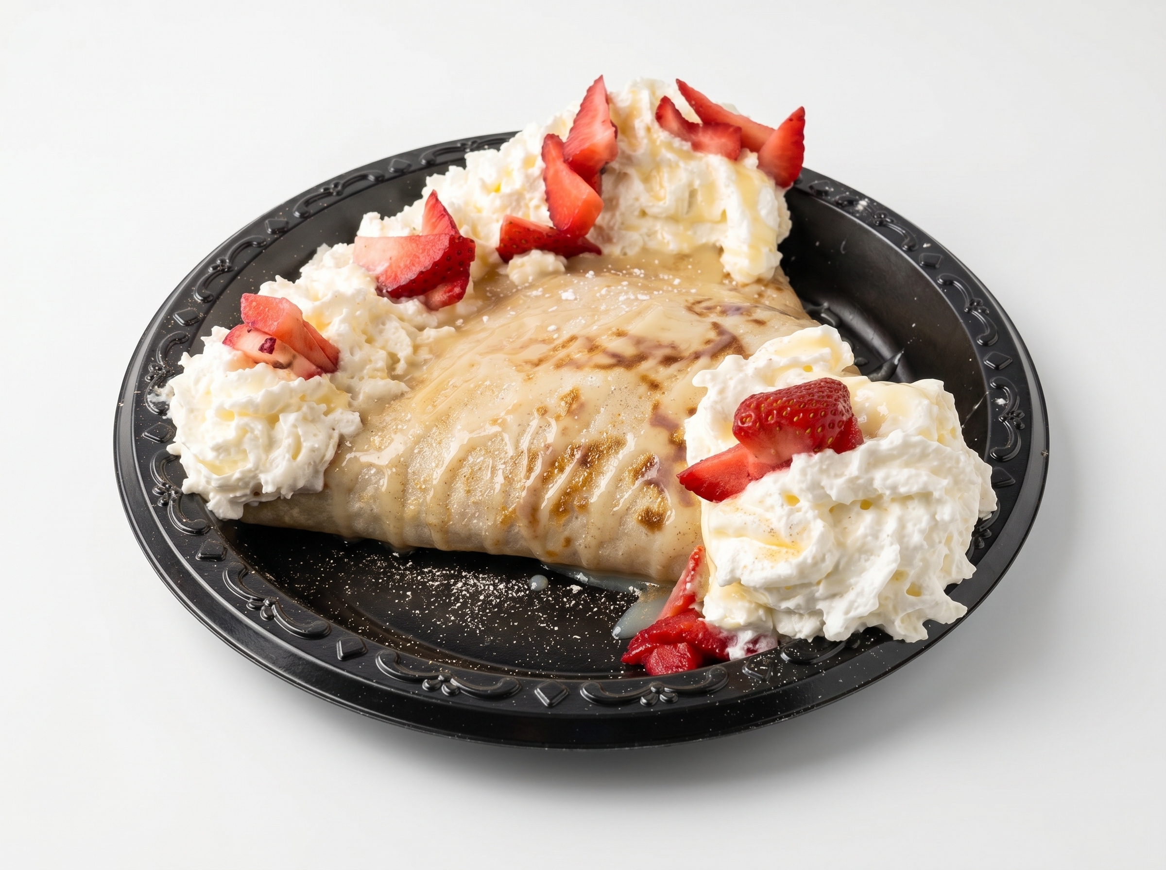 Venus Veil Crepe — cream cheese, whipped cream, fresh strawberries on ornate black plate