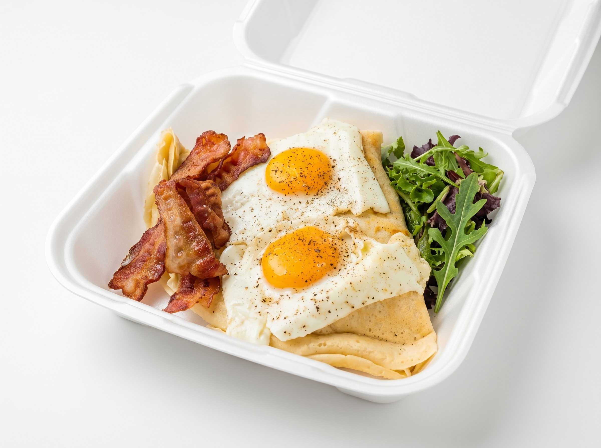 Breakfast Crepe with eggs, bacon, and arugula in clamshell packaging