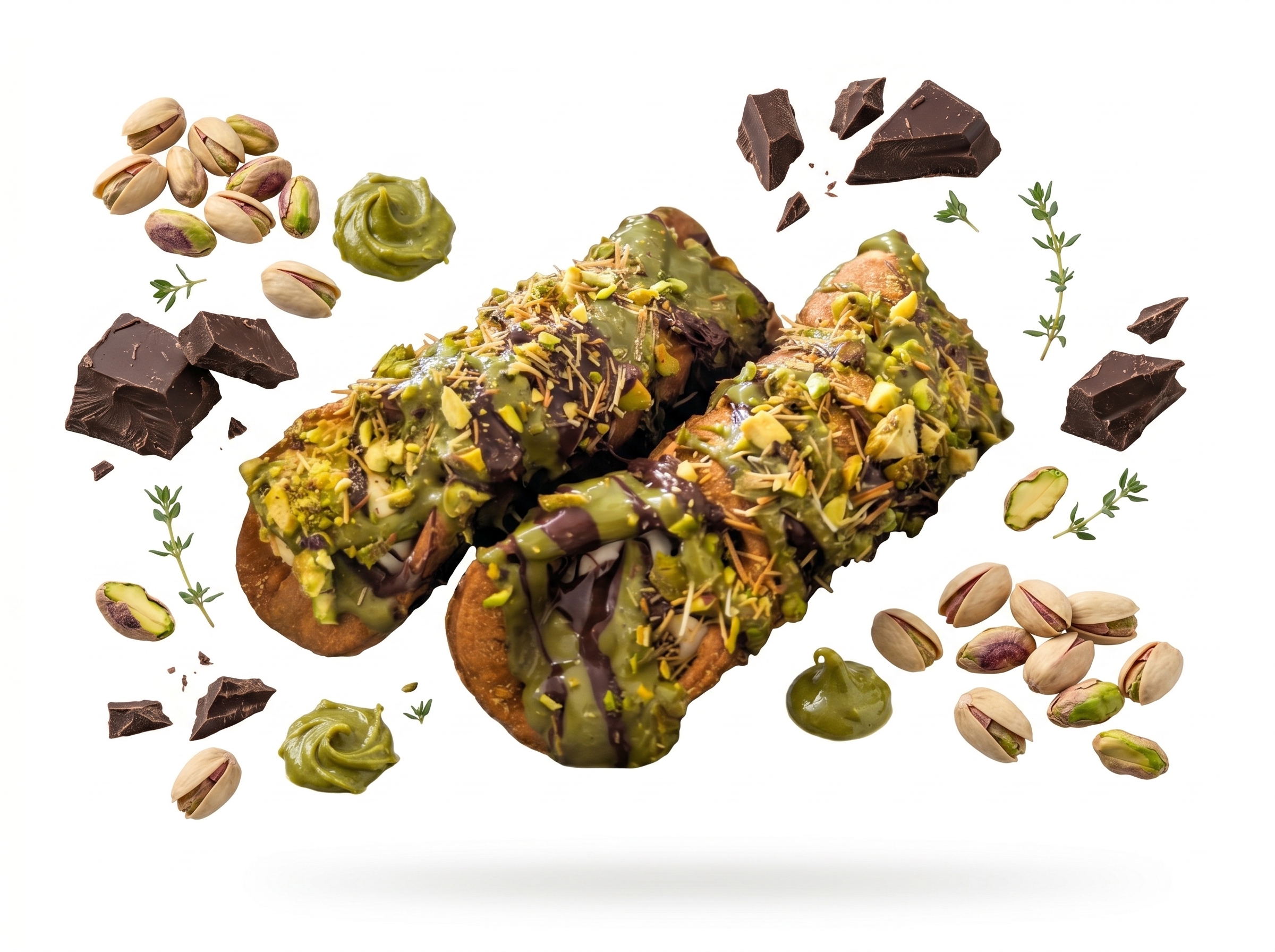 Dubai Flat Croissants with pistachio cream and chocolate — levitating for dramatic effect