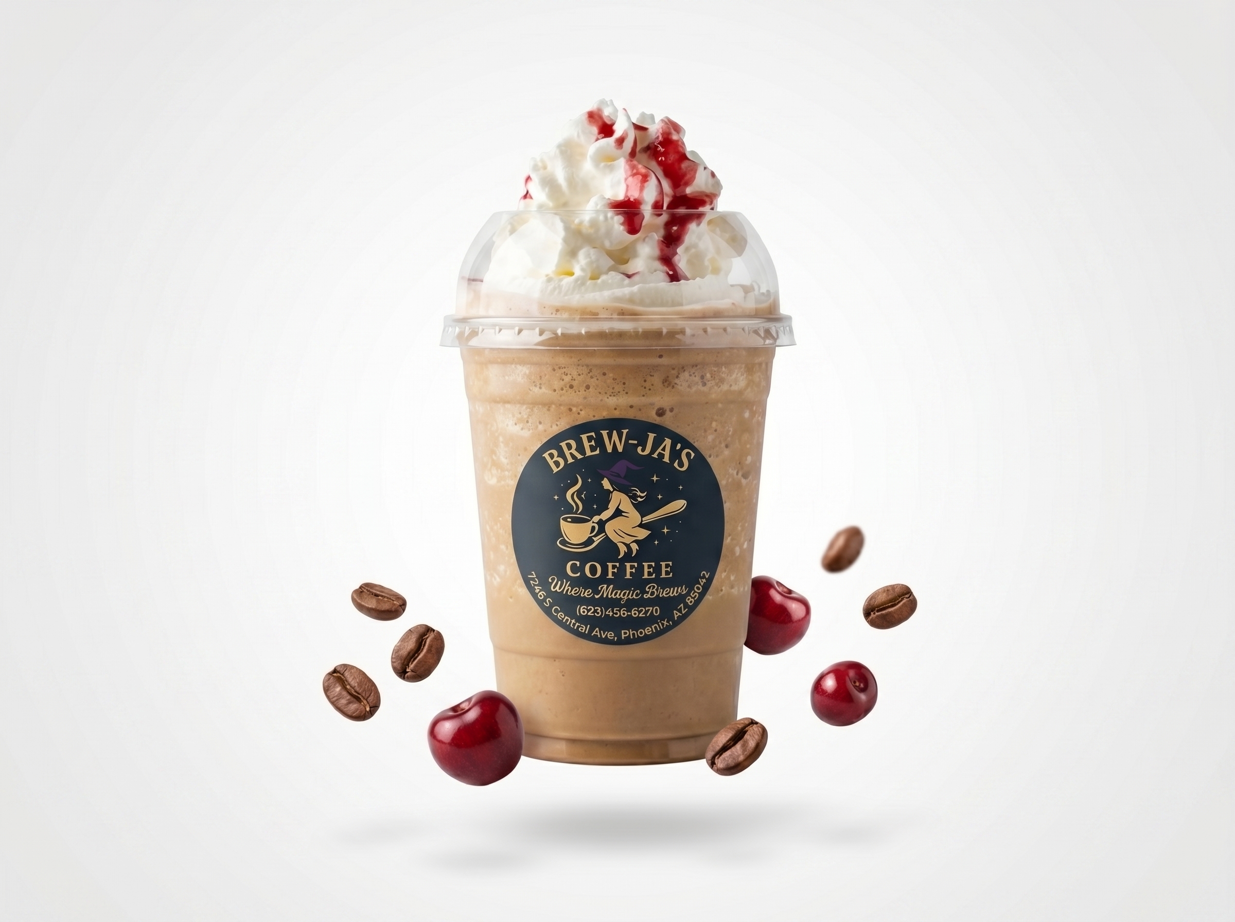 Love Potion Frappuccino — whipped cream, cherry drizzle, coffee beans, witch-themed drink