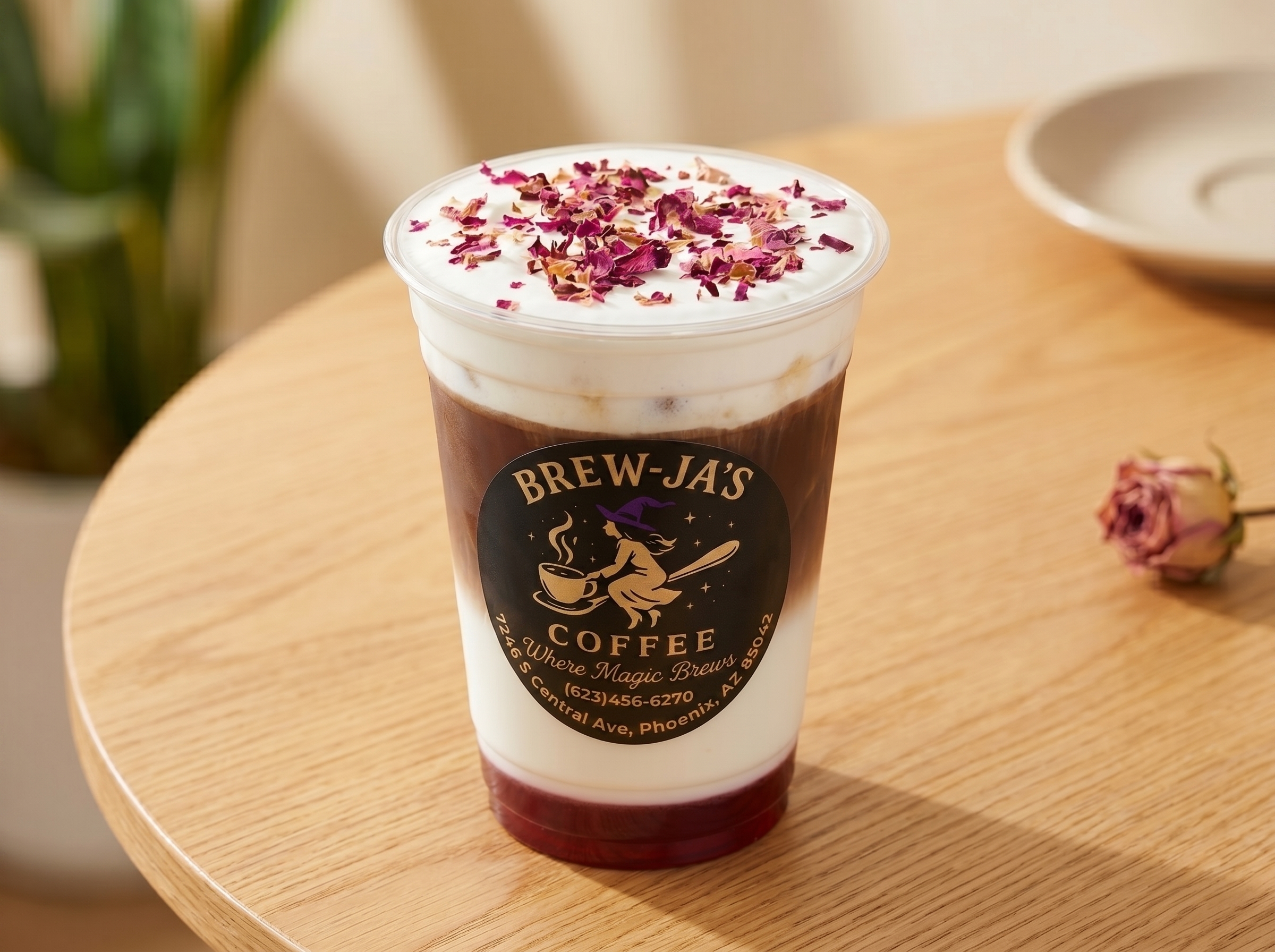Rose Quartz Latte — branded cup with pink cold foam, rose petals, and dried rose