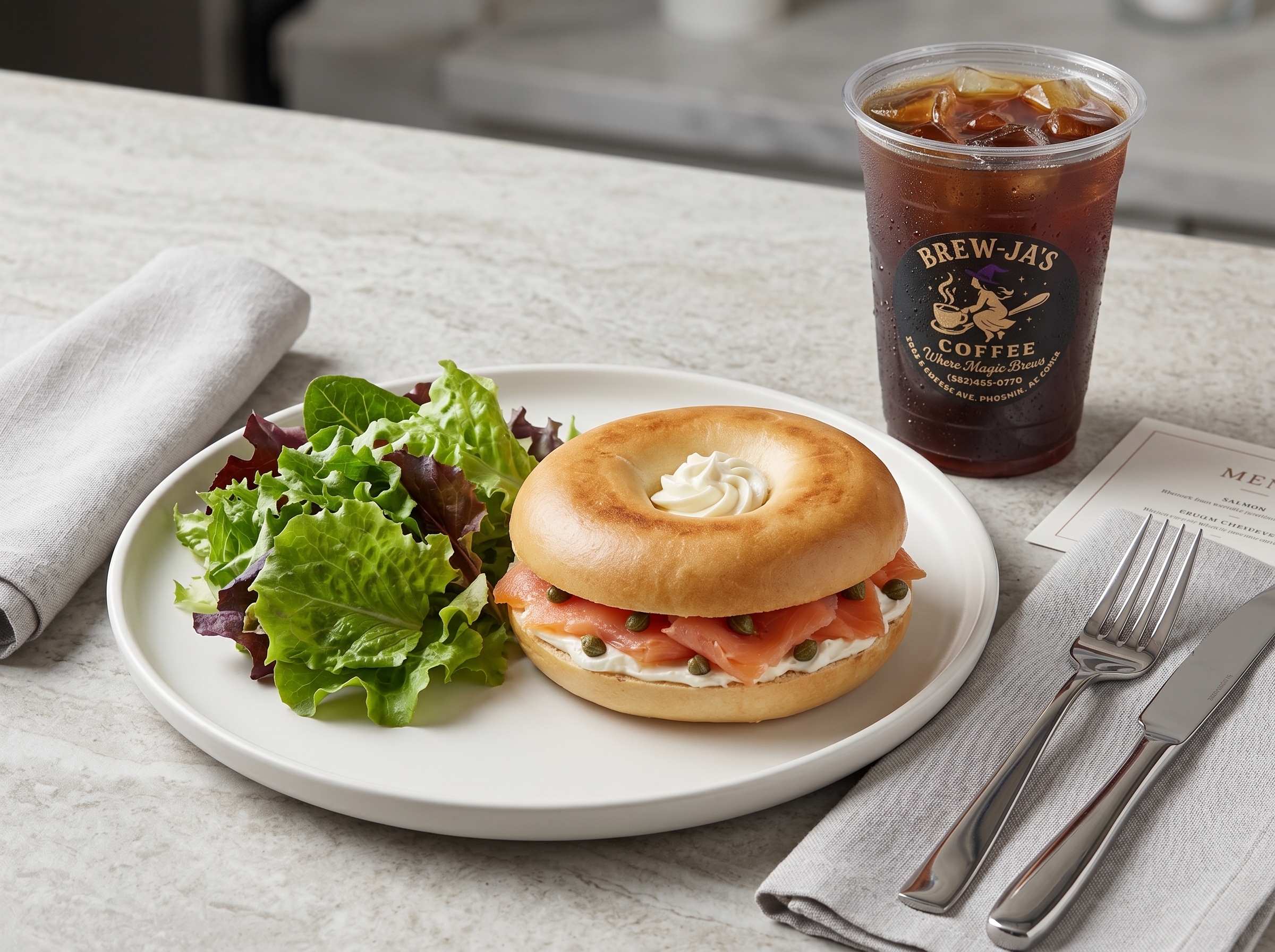 Lox Bagel with smoked salmon, cream cheese, capers and mixed greens salad