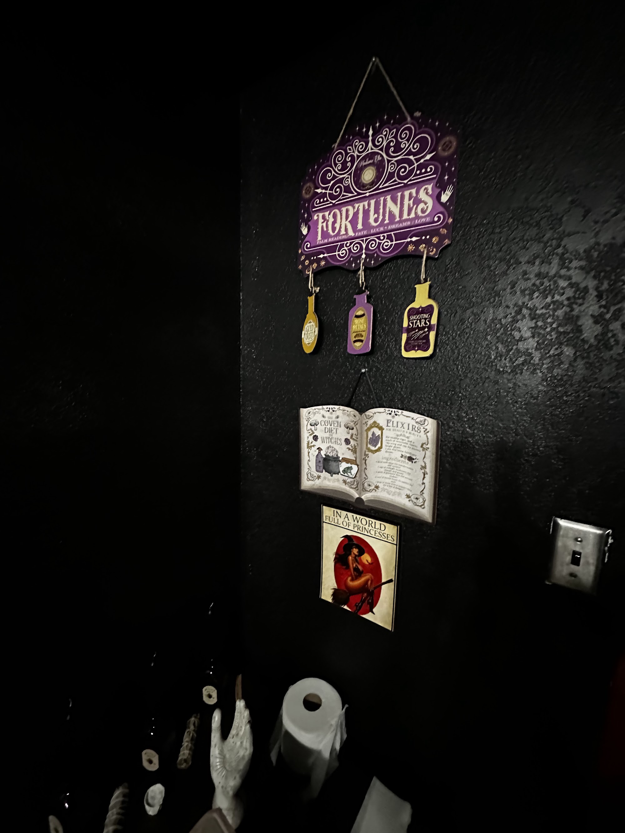 Witchy wall decor — Fortunes sign, spell book art, potion bottles, and Be a Witch print