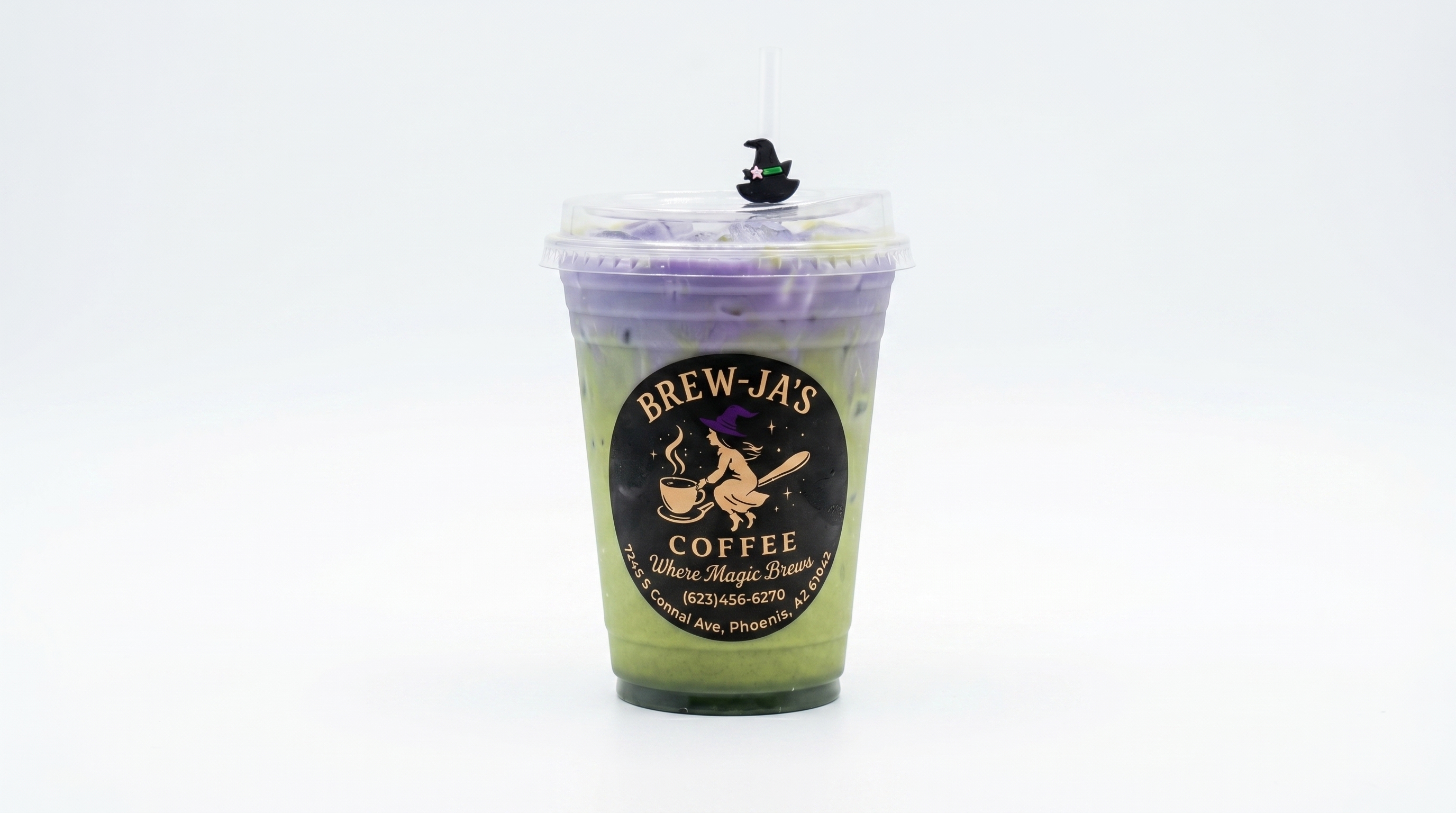 Clarity Matcha — green matcha drink with lavender cold foam and amethyst sprinkles