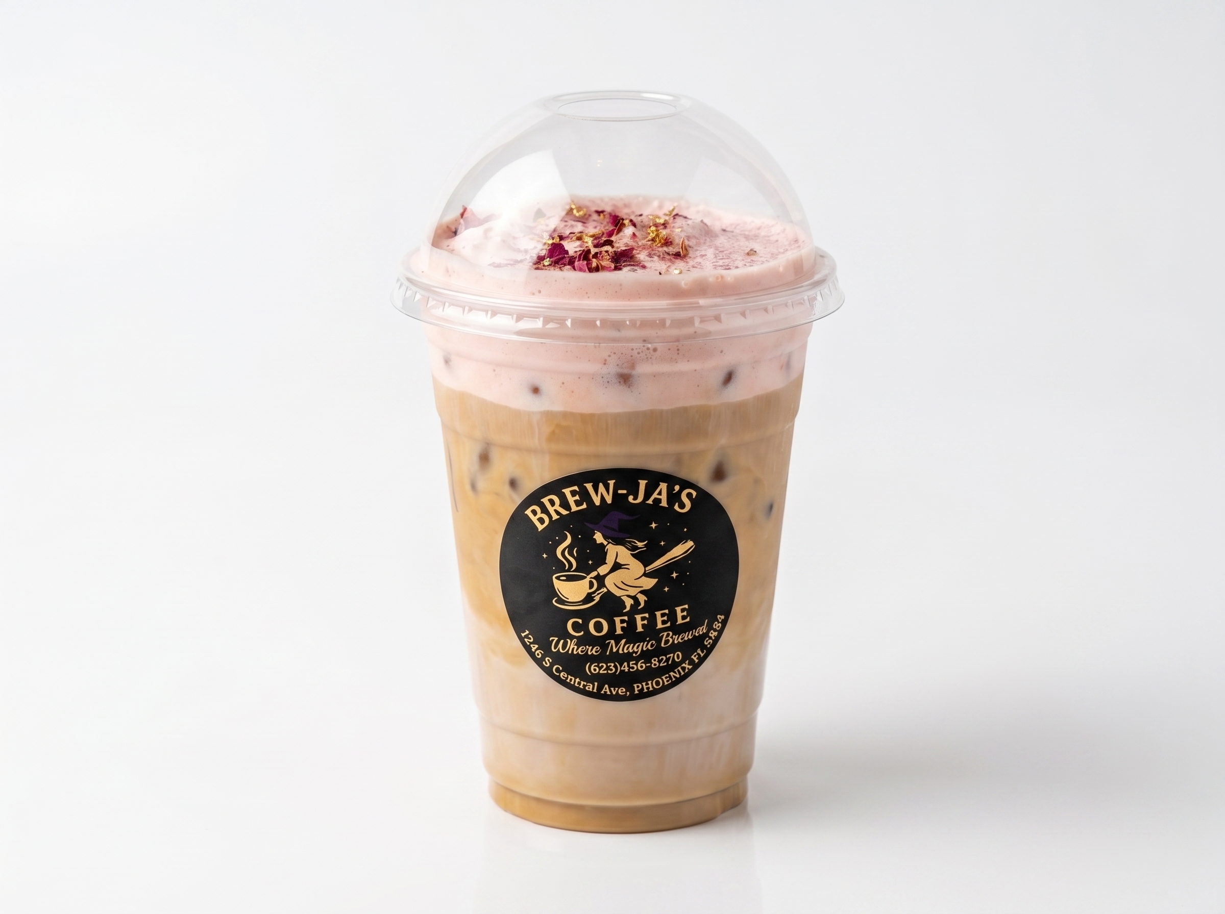 Rose Quartz Latte — pink cold foam with rose petals in a branded Brew-Ja's cup