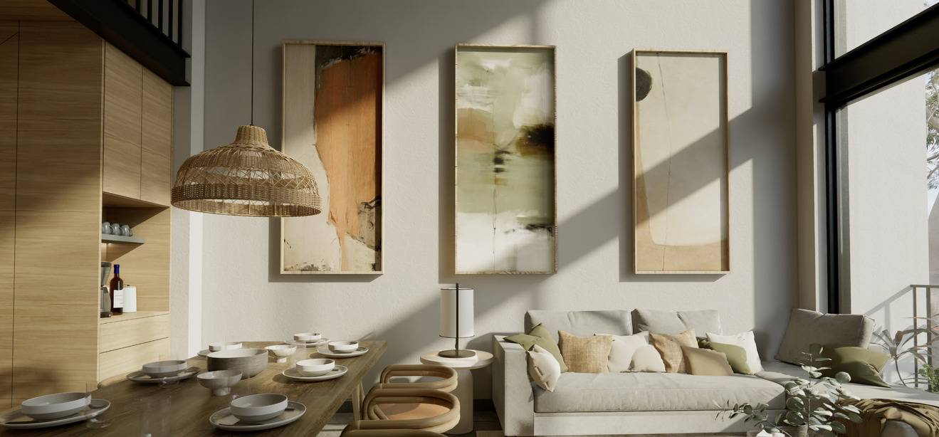 Comedor y sala con luz de tarde